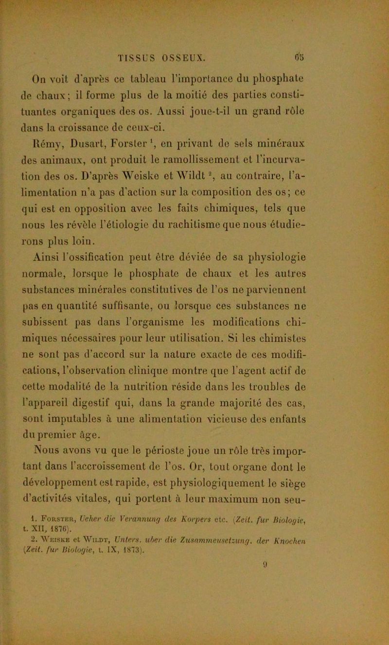 r TISSUS OSSEUX. 0'5 On voit d'après ce tableau riinpoiTance du phosphate do chaux; il forme plus do la moitié des parties consti- tuantes organiques des os. Aussi jouc-t-il un grand rôle dans la croissance de ceux-ci. Ilémy, Dusart, Forsler *, en privant de sels minéraux des animaux, ont produit le ramollissement et l’incurva- tion des os. D’après Weiske et AVildt ^ au contraire, l’a- limentation n’a pas d'action sur la composition des os; ce qui est en opposition avec les faits chimiques, tels que nous les révèle l’étiologie du rachitisme que nous étudie- rons plus loin. Ainsi l’ossification peut être déviée de sa physiologie normale, lorsque le phosphate de chaux et les autres substances minérales constitutives de l’os ne parviennent pas en quantité suffisante, ou lorsque ces substances ne subissent pas dans l’organisme les modifications chi- miques nécessaires pour leur utilisation. Si les chimistes ne sont pas d’accord sur la nature exacte de ces modifi- cations, l’observation clinique montre que l'agent actif de cette modalité de la nutrition réside dans les troubles de l’appareil digestif qui, dans la grande majorité des cas, sont imputables à une alimentation vicieuse des enfants du premier Age. Nous avons vu que le périoste joue un rôle très impor- tant dans l’accroissement de l’os. Or, tout organe dont le développement est rapide, est physiologiquement le siège d’activités vitales, qui portent à leur maximum non seu- 1. Forster, Veher die Verannumi des Korpers etc. fur liioloqie, t. XII, 1810). 2. Weiske et Wildt, Unters. uher die Zusnmmeiiseizunr/. der Knochen {Zeit. fur IHoluyie, i. IX, 1813). '.I