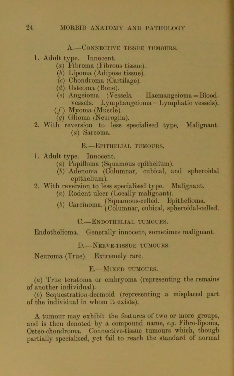 A.—Connective tissue tumours. 1. Adult type. Innocent. (a) Fibroma (Fibrous tissue). (b) Lipoma (Adipose tissue). (c) Chondroma (Cartilage). (d) Osteoma (Bone). (e) Angeioma (Vessels. Haemangeioma = Blood- vessels. Lymphangeioma = Lymphatic vessels). (/) Myoma (Muscle). (g) Glioma (Neuroglia). 2. With reversion to less specialised type. Malignant. (a) Sarcoma. B.—Epithelial tumours. 1. Adult type. Innocent. (a) Papilloma (Squamous epithelium). (b) Adenoma (Columnar, cubical, and spheroidal epithelium). 2. With reversion to less specialised type. Malignant. (a) Rodent ulcer (Locally malignant). /7, n _ fSquamous-celled. Epithelioma. (<) aicmoma.cu}_>|ca]j spheroidal-celled. C. —Endothelial tumours. Endothelioma. Generally innocent, sometimes malignant. D. —Nerve-tissue tumours. Neuroma (True). Extremely rare. E.—Mined tumours. (a) True teratoma or embryoma (representing the remains of another individual). (b) Sequestration-dermoid (representing a misplaced part of the individual in whom it exists). A tumour may exhibit the features of two or more groups, and is then denoted by a compound name, e.g. Fibro-lipoma, Osteo-chondroma. Connective-tissue tumours which, though partially specialised, yet fail to reach the standard of normal