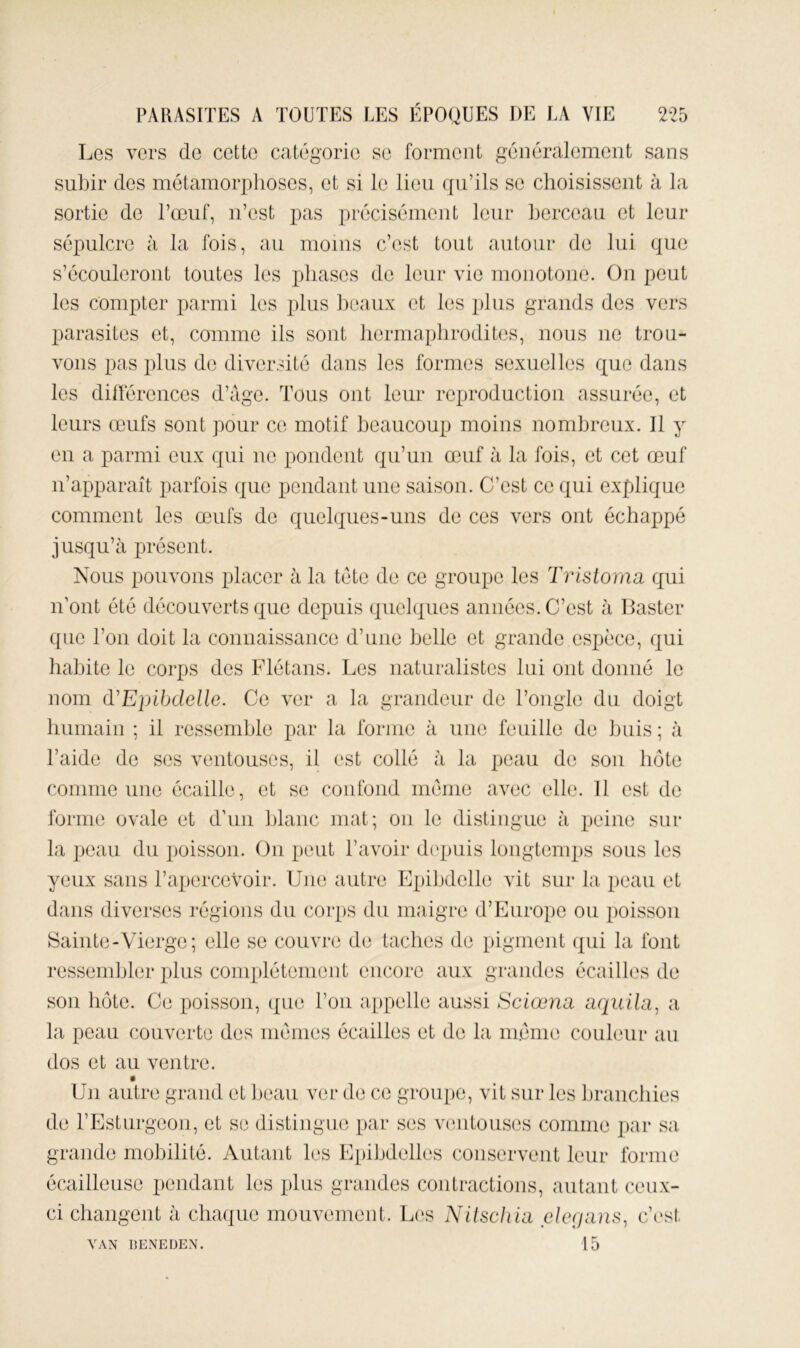 Les vers de cette catégorie se forment généralement sans subir des métamorphoses, et si le lieu qu’ils se choisissent à la sortie de l’œuf, n’est pas précisément leur berceau et leur sépulcre à la fois, au moins c’est tout autour de lui que s’écouleront toutes les phases de leur vie monotone. On peut les compter parmi les plus beaux et les ])lus grands des vers parasites et, comme ils sont hermaphrodites, nous ne trou- vons pas plus do diversité dans les formes sexuelles que dans les différences d’àge. Tous ont leur reproduction assurée, et leurs œufs sont pour ce motif beaucoup moins nombreux. Il y eu a parmi eux qui ne pondent qu’un œuf à la fois, et cet œuf u’apparaît parfois que pendant une saison. C’est ce qui explique comment les œufs de c[uelques-uus de ces vers ont échappé jusqu’à présent. Nous pouvons placer à la tête de ce groupe les Tristorna qui n’ont été découverts que depuis quelques années. C’est à Baster que l’on doit la connaissance d’une belle et grande espèce, qui habite le corps des Flétans. Les naturalistes lui ont donné le nom d'Epibdelle. Ce ver a la grandeur de l’ongle du doigt humain ; il ressemble par la forme à une feuille de l)uis ; à l’aide de ses ventouses, il est collé à la peau de sou hôte comme une écaille, et se confond même avec elle. 11 est de forme ovale et d’uii Idanc mat; ou le distingue à xjeine sur la ])eau du poisson. Ou peut l’avoir depuis longtemps sous les yeux sans l’apercevoir. Une autre Epihdelle vit sur la peau et dans diverses régions du corps du maigre d’Europe ou poisson Sainte-Vierge; elle se couvre de taches de [)igment qui la font ressembler plus complètement encore aux grandes écailles de son hôte. Ce poisson, que l’on appelle aussi Sciœna aquila^ a la peau couverte des memes écailles et de la meme couleur au dos et au ventre. Un autre grand et beau ver de ce groupe, vit sur les hraiicliies de l’Esturgeon, et se distingue par ses ventouses comme par sa grande mobilité. Autant les Epihdelles conservent leur forme écailleuse pendant les i)lus grandes contractions, autant ceux- ci changent à chaque mouvement. Los Niischiu elc(jans, c’est 15 VAN BENEUEN.