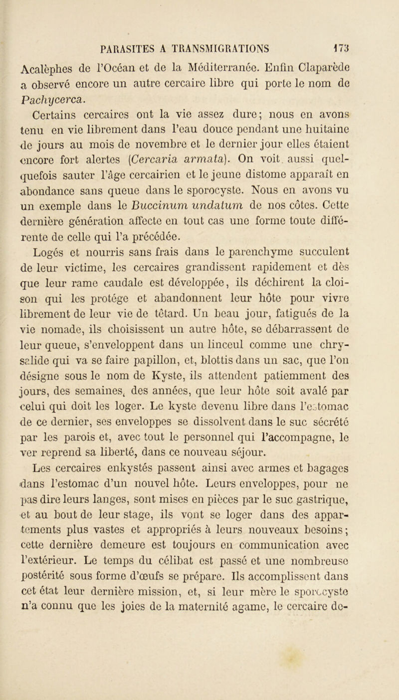 Acalèphcs de l’Océan et de la Méditerranée. Enfin Claparède a observé encore un autre cercairc libre qui porte le nom de Pachycerca. Certains cercaires ont la vie assez dure; nous en avons tenu en vie librement dans l’eau douce pendant une huitaine de jours au mois de novembre et le dernier jour elles étaient encore fort alertes [Cercaria armata). On voit aussi quel- quefois sauter l’âge cercairien et le jeune distome apparaît en abondance sans queue dans le sporocyste. Nous en avons vu un exemple dans le Buccinum undatum de nos côtes. Cette dernière génération affecte en tout cas une forme toute diffé- rente de celle qui l’a précédée. Logés et nourris sans frais dans le parenchyme succulent de leur victime, les cercaires grandissent rapidement et dès que leur rame caudale est développée, ils déchirent la cloi- son qui les protège et abandonnent leur hôte pour vivre librement de leur vie de têtard. Un beau jour, fatigués de la vie nomade, ils choisissent un autre hôte, se débarrassent de leur queue, s’enveloppent dans un linceul comme une chry- salide qui va se faire papillon, et, blottis dans un sac, que l’on désigne sous le nom de Kyste, ils attendent patiemment des jours, des semaines, des années, que leur hôte soit avalé par celui qui doit les loger. Le kyste devenu libre dans l’estomac de ce dernier, ses enveloppes se dissolvent dans le suc sécrété par les parois et, avec tout le personnel qui l’accompagne, le ver reprend sa liberté, dans ce nouveau séjour. Les cercaires enkystés passent ainsi avec armes et bagages dans l’estomac d’un nouvel hôte. Leurs enveloppes, pour ne pas dire leurs langes, sont mises en pièces par le suc gastrique, et au bout de leur stage, ils vont se loger dans des appar- tements plus vastes et appropriés à leurs nouveaux besoins ; cette dernière demeure est toujours en communication avec l’extérieur. Le temps du célibat est passé et une nombreuse postérité sous forme d’œufs se prépare. Ils accomplissent dans cet état leur dernière mission, et, si leur mère le sporocyste n’a connu que les joies de la maternité agamc, le cercaire de-