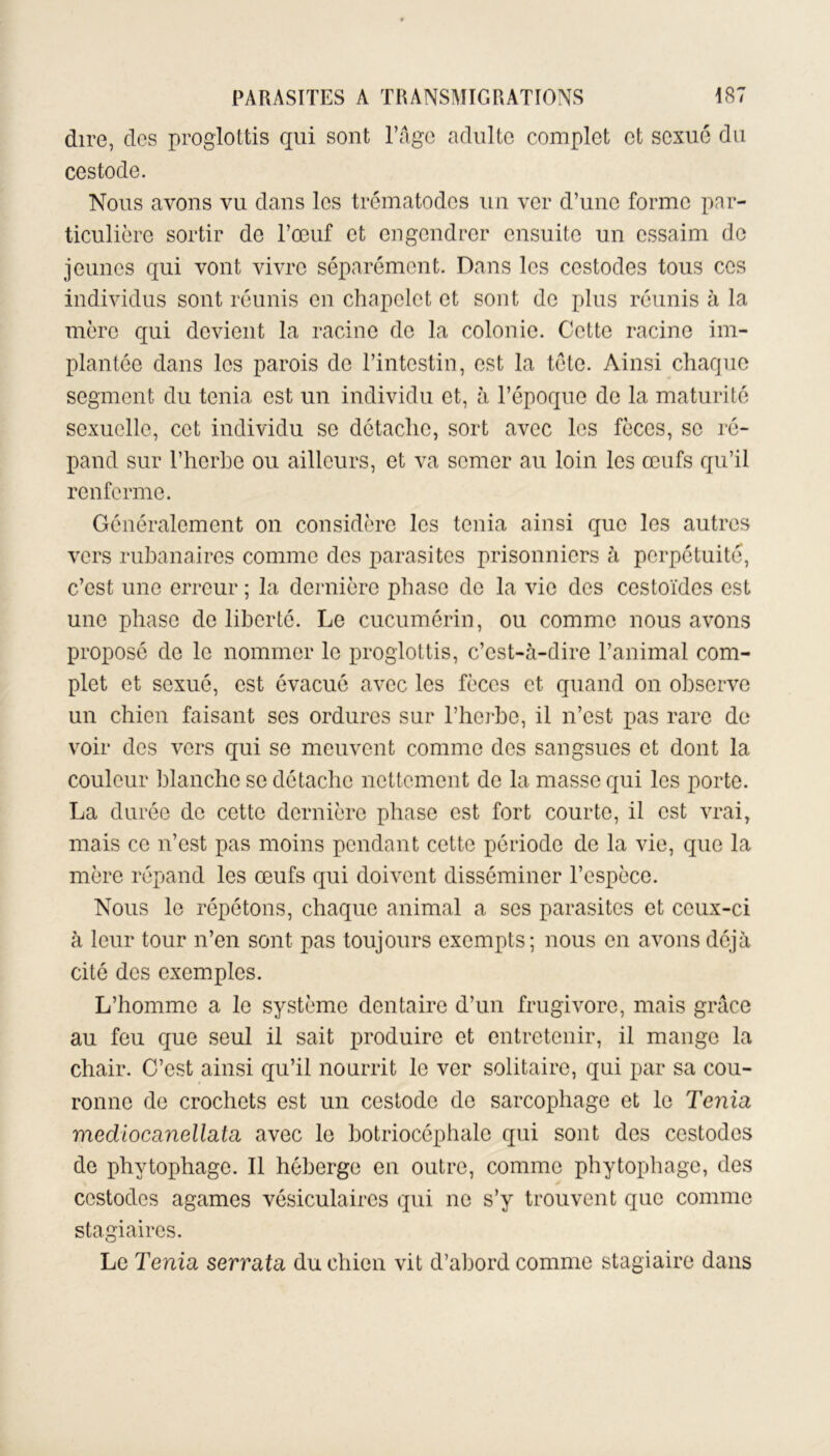 dire, des proglottis qui sont l’âge adulte complet et sexué du cestode. Nous avons vu dans les trématodes un ver d’une forme par- ticulière sortir de l’œuf et engendrer ensuite un essaim de jeunes qui vont vivre séparément. Dans les cestodes tous ces individus sont réunis en chapelet et sont de plus réunis à la mère qui devient la racine de la colonie. Cette racine im- plantée dans les parois de l’intestin, est la tète. Ainsi chaque segment du ténia est un individu et, à l’époque de la maturité sexuelle, cet individu se détache, sort avec les fèces, se ré- pand sur l’herbe ou ailleurs, et va semer au loin les œufs qu’il renferme. Généralement on considère les ténia ainsi que les autres vers rubanaircs connue des parasites prisonniers à perpétuité, c’est une erreur ; la dernière phase de la vie des cestoïdes est une phase de liberté. Le cucumérin, ou comme nous avons proposé de le nommer le proglottis, c’est-à-dire l’animal com- plet et sexué, est évacué avec les fèces et quand on observe un chien faisant ses ordures sur l’herbe, il n’est pas rare de voir des vers qui se meuvent comme des sangsues et dont la couleur blanche se détache nettement de la masse qui les porte. La durée de cette dernière phase est fort courte, il est vrai, mais ce n’est pas moins pendant cette période de la vie, que la mère répand les œufs qui doivent disséminer l’espèce. Nous le répétons, chaque animal a ses parasites et ceux-ci à leur tour n’en sont pas toujours exempts; nous en avons déjà cité des exemples. L’homme a le système dentaire d’un frugivore, mais grâce au feu que seul il sait produire et entretenir, il mange la chair. C’est ainsi qu’il nourrit le ver solitaire, qui par sa cou- ronne de crochets est un cestode de sarcophage et le Ténia mediocanellata avec le botriocéphale qui sont des cestodes de phytophage. Il héberge en outre, comme phytophage, des cestodes agames vésiculaires qui ne s’y trouvent que comme stagiaires. Le Ténia serrata du chien vit d’abord comme stagiaire dans