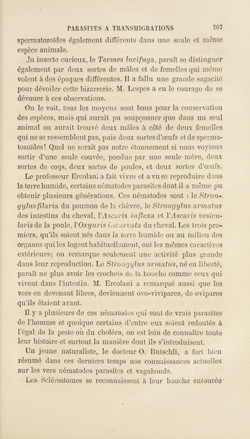 spermatozoïdes également différents dans une seule et meme espèce animale. Jn insecte curieux, le Termes lucifuga, paraît se distinguer également par deux sortes de mâles et de femelles qui mémo volent à des époques différentes. Il a fallu une grande sagacité pour dévoiler cette bizarrerie. M. Lcspes a eu le courage de se dévouer à ces observations. On le voit, tous les moyens sont bons pour la conservation des espèces, mais qui aurait pu soupçonner que dans un seul animal on aurait trouvé deux mâles à côté de deux femelles qui ne se ressemblent pas, puis deux sortes d’œufs et de sperma- tozoïdes! Quel ne serait pas notre étonnement si nous voyions sortir d’une seule couvée, pondue par une seule mère, deux sortes de coqs, deux sortes de poules, et deux sortes d’œufs. Le professeur Ercolania fait vivre et a vu se reproduire dans la terre humide, certains nématodes parasites dont il a meme pu obtenir plusieurs générations. Ces nématodes sont : le Stron- gylus füaria du poumon de la chèvre, le Strongylus armatus des intestins du cheval, l’Ascaris inflexa et l’Ascaris vesicu- laris de la poule, YOxyuris i.icarvata du cheval. Les trois pre- miers, qu’ils soient nés dans la terre humide ou au milieu des organes qui les logent habituellement, ont les memes caractères extérieurs; on remarque seulement une activité plus grande dans leur reproduction. Le Sir Gag'g lus armatus, né en liberté, paraît ne plus avoir les crochets de la bouche comme ceux qui vivent dans l’intestin. M. Ercolani a remarqué aussi que les vers en devenant libres, deviennent ovo-vivipares, de ovipares qu’ils étaient avant. Il y a plusieurs de ces nématodes qui sont de vrais parasites de l’homme et quoique certains d’entre eux soient redoutés à l’égal de la peste ou du choléra, on est loin de connaître toute leur histoire et surtout la manière dont ils s’introduisent. Un jeune naturaliste, le docteur O. Bütschli, a fort bien résumé dans ces derniers temps nos connaissances actuelles sur les vers nématodes parasites et vagabonds. Les Sclérostomes se reconnaissent à leur bouche entourée