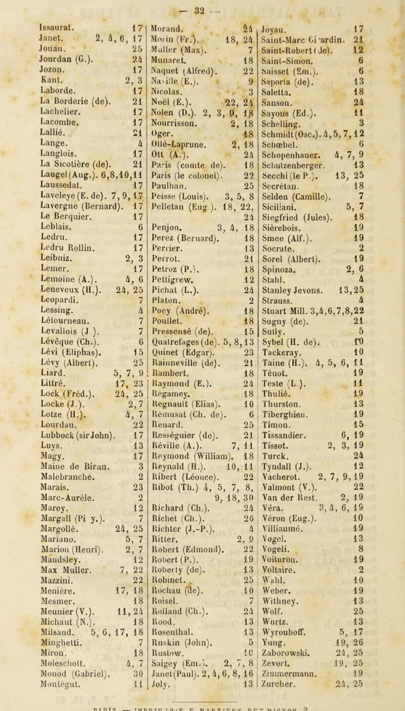 Issaurat. 17 Janet. 2, 4,6, 17 Jouan. 25 Jourdan (G.). 24 Jozon. 17 Kant. 2, 3 Laborde. 17 La Borderie (de). 21 Lachelier. 17 Lacombe. 17 Lallié. 21 Lange. 4 Langlois. 17 La Sicotière (de). 21 Laugel(Aug.). 6,8,10,11 Laussedat. 17 Laveleye(E. de). 7,9,17 Lavergne (Bernard). 17 Le Berquier. 17 Leblais. 6 Ledru. 17 Ledru Rollin. 17 Leibniz. 2, 3 Lemer. 17 Lemoine (A.). 4, 6 Leneveux (H.). 24, 25 Leopardi. 7 Lessing. 4 Létourneau. 7 Levallois (J.). 7 Lévêque (Ch.). Lévi (Eliphas). Lévy (Albert). Liard. Littré. Lock (Fréd.). Locke (J.). Lotze (H.). Lourdau. Lubbock (sir John) Luys. Magy. Maine de Biran. Malebranche. Marais. Marc-Aurèle. Marey. Margall (Pi y.). Margollé. Mariano. Marion (Henri). Maudsley. Max Muller. Mazzini. Menière. Mesmer. Meunier (V.). Michaut (N.). Milsand. 5, 6, Minghetti. Miron. Moleschott. Monod (Gabriel). Montégut. Morand^ Morin (Fr.). 18, 24 Muller (Max). 7 Munaret. 18 Naquet (Alfred). 22 Nasille (E.). 9 Nicolas. y 3 Noël (E.). 22, 24 Nolen (D.). 2, 3, 9, 1.8 Nourrisson. 2, 18 Oger. 18 Üllé-Laprune. 2, 18 Ott (A.). 24 Pa'is (comte de). 18 Paris (le colonel). 22 Paulhan. 25 Peisse (Louis). 3, 5, 8 Pelletan (Eug.). 18, 22, 24 Penjon. 3, 4, 18 Perez (Bernard). 18 Péri ier. \ 3 Perrot. 21 Petroz (P.). 18 Pettigrew. 12 Pichat (L.). 24 Platon. 2 Poey (André). 18 Poullet. 18 Pressensé (de). 15 Joyau. 17 Saint-Marc Gi'ardin. 21 Saint-Robert ( Je). 12 Saint-Simon. 6 Saisset (Em.). 6 Saporla (de). 13 Saletta. 18 Sanson. 24 Sayous (Ed.). 11 Schelling. 3 Schmidt(Osc,). 4,5, 7,12 Schœbel. G Schopenhauer. 4, 7, 9 Schutzenberger. 13 Secchi(le P.). 13, 25 Secrétan. 18 Selden (Camille). 7 Siciliani. 5, 7 Siegfried (Jules). 18 Sièrebois. 19 Smee (Alf.). 19 Socrate. 2 Sorel (Albert). 19 Spinoza. 2, 6 Stahl. 4 Stanley Jevons. 13,25 Strauss. 4 Stuart Mill. 3,4,6,7,8,22 Sugny (de). 21 Sully. 5 6 Quatrefages(de). 5, 8, 13 Sybel (H. de). ro 15 Quinet (Edgar). 23 Tackeray. 10 25 Rainneville (de). 21 Taine (H.). 4, 5, 6, 11 5, 7, 9 Rambert. 18 Ténot. 19 17, 23 Raymond (E.). 24 Teste (L.). 11 24, 25 Régamey. 18 Thulié. 19 2,7 Régnault (Elias). 10 Thurston. 13 4, 7 Rémusat (Gh. de). 6 Tiberghien. 19 22 Reuard. 25 Timon. 15 17 Rességuier (de). 21 Tissandier. 6, 19 13 Réville (A.). 7, 11 Tissot. 2, 3, 19 17 Reymond (William). 18 Turck. 24 3 Reynald (H.). 10, 11 Tyndall (J.). 12 2 Ribert (Léonce). 22 Vacherot. 2, 7, 9,19 23 Ribot (Th.) 4, 5, 7, 8, Yalmont (V.). 22 2 9, 18, 30 Van der Best. 2, 19 12 Richard (Ch.). 24 Véra. 3, 4, 6, 19 7 Richet (Ch.). 26 Véron (Eug.). 10 24, 25 Richter (J.-P.). 4 Villiaumé. 19 5, 7 Ritter. 2, 9 Vogel. 13 2, 7 Robert (Edmond). 22 Vogeli. 8 12 Robert (P.). 19 Voituron. 19 7, 22 Roberty (de). 13 Voltaire. 2 22 Robinet. , 25 Wahl. 10 17, 18 Rochau (de). 10 Weber. 19 18 Roisel. 7 Withney. 13 11, 24 Rolland (Ch.). 24 Wolf. 25 18 Rood. 13 Wurtz. 13 17, 18 Rosenthal. 13 Wyrouboff. 5, 17 7 Ruskin (John). 5 Yung. 19, 26 18 Rustow. 10 Zaborowski. 24, 25 4, 7 Saigey (Em.). 2, 7 , 8 Zevort. 19, 25 30 Janet(Paul). 2,4,6, 8, 16 Zimmermann. 19 11 Joly. 13 Zurcher. 24, 25 OAFHC,. — ÏMDDÎtf 7t><r T? M A D T 7 V I? V D ?! T1 U 1 <! V AV O