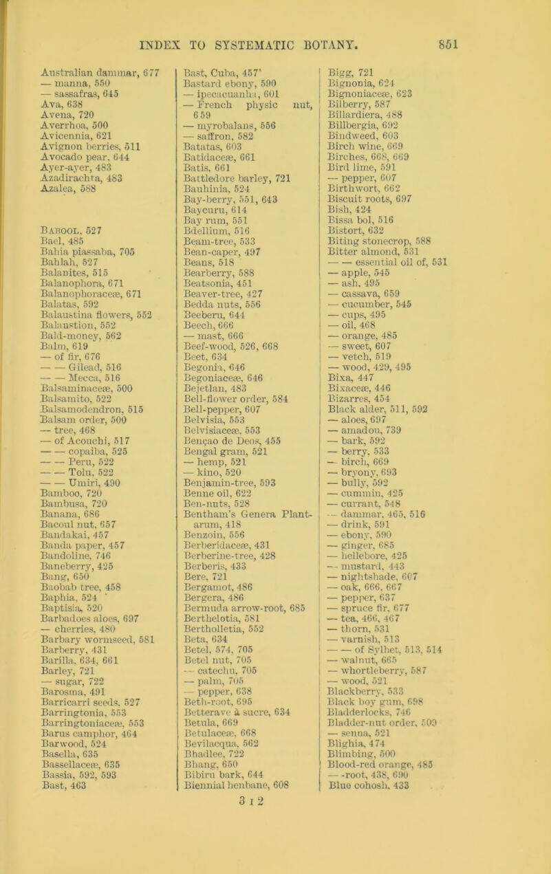 Australian dammar, 677 — manna, 550 — sassafras, 645 Ava, 638 Avena, 720 Averrhoa, 500 Avicennia, 621 Avignon berries, 511 Avocado pear, 644 Ayer-ayer, 483 Azadirachta, 483 Azalea, 588 Bahool, 527 Bael, 485 Baliia piassaba, 705 Bahlah, 527 BalaDites, 515 Balanophora, 671 Balanophoraceee, 671 Balatas, 592 Balau&tina flowers, 552 Balaustion, 552 Bald-money, 562 Balm, 619 — of fir, 676 Gilead, 516 Mecca, 516 Balsaminacete, 500 Balsamito, 522 Balsamodendron, 515 Balsam order, 500 — tree, 468 — of Acouchi, 517 copaiba, 525 Peru, 522 Tolu. 522 Umiri, 490 Bamboo, 720 Bambusa, 720 Banana, 686 Bacoul nut, 657 Bandakai, 457 Banda paper, 457 Bandoline, 746 Baneberry, 425 Bang, 650 Baobab tree, 458 Baphia, 524 Baptisia, 520 Barbadoes aloes, 697 — cherries, 480 Barbary wormseed, 581 Barberry, 431 Barilla. 634, 661 Barley, 721 — sugar, 722 Barosma, 491 Barricarri seeds. 527 Barringtonia, 553 Barringtoniacere, 553 Barus camphor, 464 Barwood, 524 Basella, 635 Bassellacem, 635 Bassia, 592, 593 Bast, 463 Bast, Cuba, 457' Bastard ebony, 590 — ipecacuanha, 601 — French physic nut, 6 59 — myrobalans, 556 — saffron, 582 Batatas, 603 Batidacete, 661 Batis, 661 Battledore barley, 721 Bauhinia, 524 Bay-berry, 551, 643 Bay cur u, 614 Bay rum, 551 Bdellium, 516 Beam-tree, 533 Bean-caper, 497 Beans, 518 Bearberry, 588 Beatsonia, 451 Beaver-tree, 427 Bedda nuts, 556 Beeberu, 644 Beech, 666 — mast, 666 Beef-wood, 526, 668 Beet, 634 Begonia, 646 Begoniacete, 646 Bejetlan. 483 Bell-flower order, 584 Bell-pepper, 607 Belvisia, 553 Belvisiaceae. 553 Benyao de Deos, 455 Bengal gram, 521 — hemp, 521 — kino, 520 Benjamin-tree, 593 Benue oil, 622 Ben-nuts, 528 Bentham’s Genera Plant- arum, 418 Benzoin, 556 Berberidacese, 431 Berberine-tree, 428 Berberis, 433 Bere, 721 Bergamot, 486 Bergera, 486 Bermuda arrow-root, 685 Berthelotia, 581 Bertholletia, 552 Beta, 634 Betel, 574, 705 Betel nut, 705 — catechu, 705 — palm, 705 - pepper, 638 Beth-root, 695 Betteravc 4 sucre, 634 Betula, 669 Betulacete. 668 Bevilacqua, 562 Bhadlee, 722 Bhang, 650 Bibiru bark, 644 Biennial henbane, 608 3 i 2 Bigg, 721 BignoDia, 624 Bignoniacete, 623 Bilberry, 587 Billardiera, 488 Billbergia, 692 Bindweed, 603 Birch wine, 669 Birches, 668, 669 Bird lime, 591 — pepper, 607 Birthwort, 662 Biscuit roots, 697 Bish, 424 Bissa bol, 516 Bistort, 632 Biting stonecrop, 588 Bitter almond, 531 essential oil of, 531 — apple, 545 — ash. 495 — cassava, 659 -— cucumber, 545 — cups, 495 — oil, 468 — orange, 485 — sweet, 607 — vetch, 519 — wood, 429, 495 Bixa, 447 Bixaceae, 446 Bizarres, 454 Black alder, 511, 592 — aloes, 697 — amadou, 739 — bark, 592 — berry, 533 — birch, 669 — bryony, 693 — bully, 592 — cummin, 425 — currant, 548 — dammar. 465, 516 — drink, 591 — ebony7, 590 — ginger, 685 — hellebore, 425 — mustard, 443 — nightshade, 607 ■— oak, 666, 667 — pepper, 637 — spruce fir. 677 — tea, 466, 467 — thorn, 531 — varnish, 513 of Svlhet, 513. 514 — walnut, 665 — whortleberry, 587 — wood, 521 Blackberry. 533 Black boy gum, 698 Bladderlocks, 746 Bladder-nut order, 609 — senna, 521 Blighia, 474 Blimbing, 500 Blood-red orange, 485 — -root, 438, 690 Blue cohosh. 433