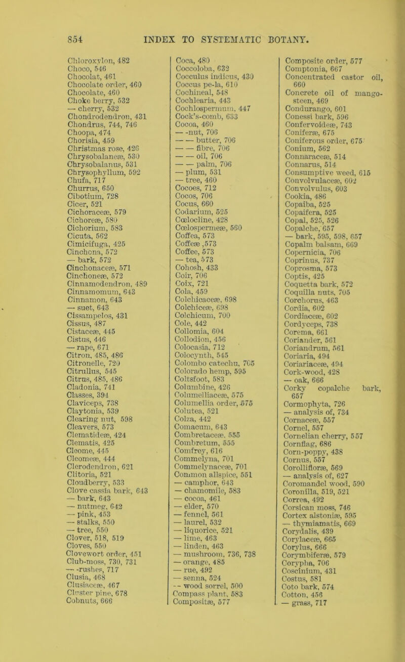 Chloroxylon, 482 Choco, 546 Chocoiat, 461 Chocolate order, 460 Chocolate, 460 Choke berry, 532 — cherry, 532 Chondrodendron, 431 Chondrus, 744, 746 Choopa, 474 Chorisia, 459 Christmas rose, 42G Chrysobalane®, 530 Chrysobalanus, 531 Cbrysophyllum, 592 Chufa, 717 Churrus, 650 Cibotimn, 728 Cicer, 521 Cichoraceae, 579 Cichoreae, 580 Cichorium, 583 Cicuta, 562 Cimicifuga, 425 Cinchona, 572 — bark, 572 Cinchonaceee, 571 Cinchoneas, 572 Cinnamodendron, 489 Cirmamomum, 643 Cinnamon, 643 — suet, 643 Cissampelos, 431 Cissus, 487 Cistaceae, 445 Cistus, 446 — rape, 671 Citron, 485, 486 Citronelle, 720 Citrallus, 545 Citrus, 485, 486 Cladonia, 741 Classes, 391 Claviceps, 738 Claytonia, 539 Clearing nut, 598 Cleavers, 573 Clematideee, 424 Clematis, 425 Cleome, 445 Oleomoae, 444 Clerodendron, 621 Clitoria, 521 Cloudberry, 533 Clove cassia bark, 643 — bark, 643 — nutmeg, 642 — pink, 453 — stalks, 550 — tree, 550 Clover, 518, 519 Cloves, 550 Clovewort order, 451 Club-moss, 730, 731 rushes, 717 Clusia, 468 Clusiaceae, 467 Cluster pine, 678 Cobnuts, 666 Coca, 480 Coccoloba, 632 Cocculus indicus, 430 Coccus pe-la, 610 Cochineal, 548 Cochlearia, 443 Cochlospermuin, 447 Cock’s-comb, 633 Cocoa, 460 nut, 706 butter, 706 fibre, 706 oil, 706 palm, 706 — plum, 531 — tree, 460 Cocoes, 712 Cocos, 706 Cocus, 660 Codarium, 525 Coelocline, 428 Ccelospermeee, 560 Coffea, 573 Coffeae ,573 Coffee, 573 — tea, 573 Cohosh, 433 Coir, 706 Coix, 721 Cola, 459 Colcliicacea?, 698 Colchicea?, 698 Colchicum, 700 Cole, 442 Collomia, 604 Collodion, 456 Colocasia, 712 Colocynth, 545 Colombo catechu, 705 Colorado hemp, 595 Coltsfoot, 583 Columbine, 426 Columelliacese, 575 Columellia order, 575 Colutea, 521 Colza, 442 Comacum, 643 Combretacea?. 555 Combretum, 555 Comfrey, 616 Commelyna, 701 Commelynacese, 701 Common allspice, 551 — camphor. 643 — chamomile, 583 — cocoa, 461 — elder, 570 — fennel, 561 — laurel, 532 — liquorice, 521 — lime, 463 — linden, 463 — mushroom, 736, 738 — orange, 485 — rue, 492 — senna, 524 — - wood sorrel, 500 Compass plant, 583 Composite, 577 Composite order, 577 Comptonia, 667 Concentrated castor oil, 660 Concrete oil of mango- steen, 469 Condurango, 601 Conessi bark, 596 Confervoideas, 743 Conifer*!, 675 Coniferous order, 675 Conium, 562 Connaracese, 514 Connarus, 514 Consumptive weed, 615 Convolvulaceae, 602 Convolvulus, 603 Cookia, 486 Copaiba, 525 Copaifera, 525 Copal, 525, 526 Copalche, 657 — bark, 595, 598, 657 Copalm balsam, 669 Copernicia, 706 Coprinus, 737 Coprosma, 573 Coptis, 425 Coquetta bark, 572 Coquilla nuts, 705 Corchorus, 463 Cordia, 602 Cordiaee®, 602 Cordyceps, 738 Corema, 661 Coriander, 561 Coriandrum, 561 Coriaria, 494 Coriariacese, 494 Cork-wood, 428 — oak, 666 Corky copalche bark, 657 Cormophyta, 726 — analysis of, 734 Cornaceas, 557 Cornel, 557 Cornelian cherry, 557 Cornflag, 686 Corn-poppy, 438 Cornus, 557 Corolliflorae, 569 — analysis of, 627 Coromandel wood, 590 Coronilla, 519, 521 Correa, 492 Corsican moss, 746 Cortex alstoniae, 595 — thymiamatis, 669 Corydalis, 439 Corylaceas, 665 Corylus, 666 Corymbiferae, 579 Corypha, 706 Coscinium, 431 Costus, 581 Coto bark, 574 Cotton. 456 — grass, 717