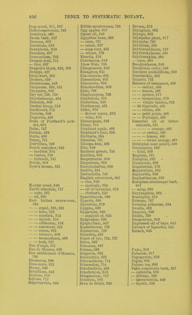 Dog-wood, 511, 557 Dolichospermum, 745 Dombeya, 460 Doom bark, 527 Dorema, 563 Dorstenia, 652 Doryphora, 645 Dracaena, 697 Dracontium, 703 Dragon root, 711 — tree, 697 Dragon’s blood, 523, 706 Drimys, 427 Drop-wort, 562 Drosera, 450 Droseraceae, 449 Drupaceae, 530, 531 Dryandra, 658 Dry rot, 738, 739 Dryobalanops, 464 Duboisia, 608 Duchai hemp, 519 Duckweed, 712 Dudaim, 609 Duguetia, 428 Duke of Portland’s pow- der, 662 Dulse, 747 Durian, 459 Durio, 459 Durra, 721 Durvillaea, 746 Dutch camphor, 642 — madder, 574 — rushes, 729 — turnsole, 741 Dwale, 608 Dyer’s broom, 521 Eagle wood, 640 Earth almonds, 717 — nuts, 561 — oil, 520 East Indian arrow-root, 684 copal, 525, 526 kino, 523 mastich, 513 myrrh. 516 olibanum, 516 rosewood, 521 senna, 524 tobacco, 609 tacamahaca, 468 teak, 621 Eau d’ange, 551 Eau de Mantes, 658 Eau mfedicinale d’Husson, 700 Ebenacese, 590 Eboe-nuts, 521 Ebony, 590 Ecballium, 545 Echium, 616 Eddoes, 712 Edgeworthia, 640 Edible mushrooms, 735 Egg apples, 607 Egusb oil, 545 Egyptian bean, 435 — corn, 721 — onion, 697 — soap-root, 453 — wheat, 723 Ehretia, 616 Ehretiaceae, 616 Ejow fibre, 705 Elaeagnaceae, 640 Elseagnus, 641 Elaeacarpeae, 462 Elmocarpus, 463 Elteococca, 658 Elaeodendron, 509 Elais, 706 Elaphomyces, 738 Elaphrium, 516 Elaterium, 545 Elatinaceae, 451 Elder, 570 — flower water, 570 — wine, 570 Elecampane, 583 Elemi, 515 Elephant apple, 486 Elephant’s foot, 693 Elettaria, 684 Eleusine, 721 Elloopa-tree, 592 Elm, 648 Embden groats, 720 Emblica, 659 Empetraceae. 660 Empetrum, 660 Encephalartos, 680 Endive, 584 Endocladia, 745 English arrowroot, 607 — elm, 648 — mercury, 634 — oil of lavender, 619 — rhubarb, 632 Epacridaceae, 590 Epacris, 590 Ephedras, 679 Epigcea, 588 Epipetalse, 590 — analysis of, 628 Epiphegus, 626 Epipliyilum, 547 Equisetaceae, 728 Equisetum, 729 Eranthis, 425 Ergot of rye, 722, 737 Erica, 588 Ericaceae, 587 Ericea?, 588 Erigeron, 582 Eriobotrya, 533 Eriocaulacese, 714 Eriocaulon, 714 Eriodendron, 459 Eriodictyon, 615 Eriophoram, 717 Erodium, 502 Erva de ibbisi, 620 Ervum, 519 Eryngium, 562 Eryngo, 562 Erysipelas plant, 617 Erysiphe, 739 Erytlirsea, 599 Erytlirophloeum, 527 Erytliroxylaceae, 4S0 Erythroxylon, 480 — coca. 480 Escalloniaceae, 548 Escallonia order, 548 Esculent umbelliferae, 560 Esenbeckia, 492 Esparto, 723 Essence of bergamot, 486 cedrat, 486 lemon, 486 spruce, 677 turpentine, 678 virgin balsam, 522 — de bigarade, 485 citron, 486 petit grain, 485 Portugal, 485 Essential oil of bitter almonds, 531 orange, 485 cedrat, 486 lemon, 486 sweet orange, 485 Ethiopian sour gourd, 458 Eucalyptus, 550 — kino, 550 Eugenia, 551 Eulopliia, 682 Euonymus, 509 Eupatorieae, 579 Mupatorium, 582 Euphorbia, 658 Euphorbiaeese, 655 European alcornoque bark, 667 — salep, 682 Euryangium, 562 Euscapliis, 510 Euterpe, 707 Evening primrose, 554 Evodia, 492 Exacum, 599 Exidia, 739 Exogonium, 603 Expressed oil of bays. 643 Extract of liquorice, 522 Ezrach, 643 Faba, 519 Fabaceae, 517 Fagopyrum, 632 Fagus, 666 Faham tea, 682 False angustura bark, 597 — calumba, 599 — dittany, 492 — ipecacuanha, 449 — myrrh, 516