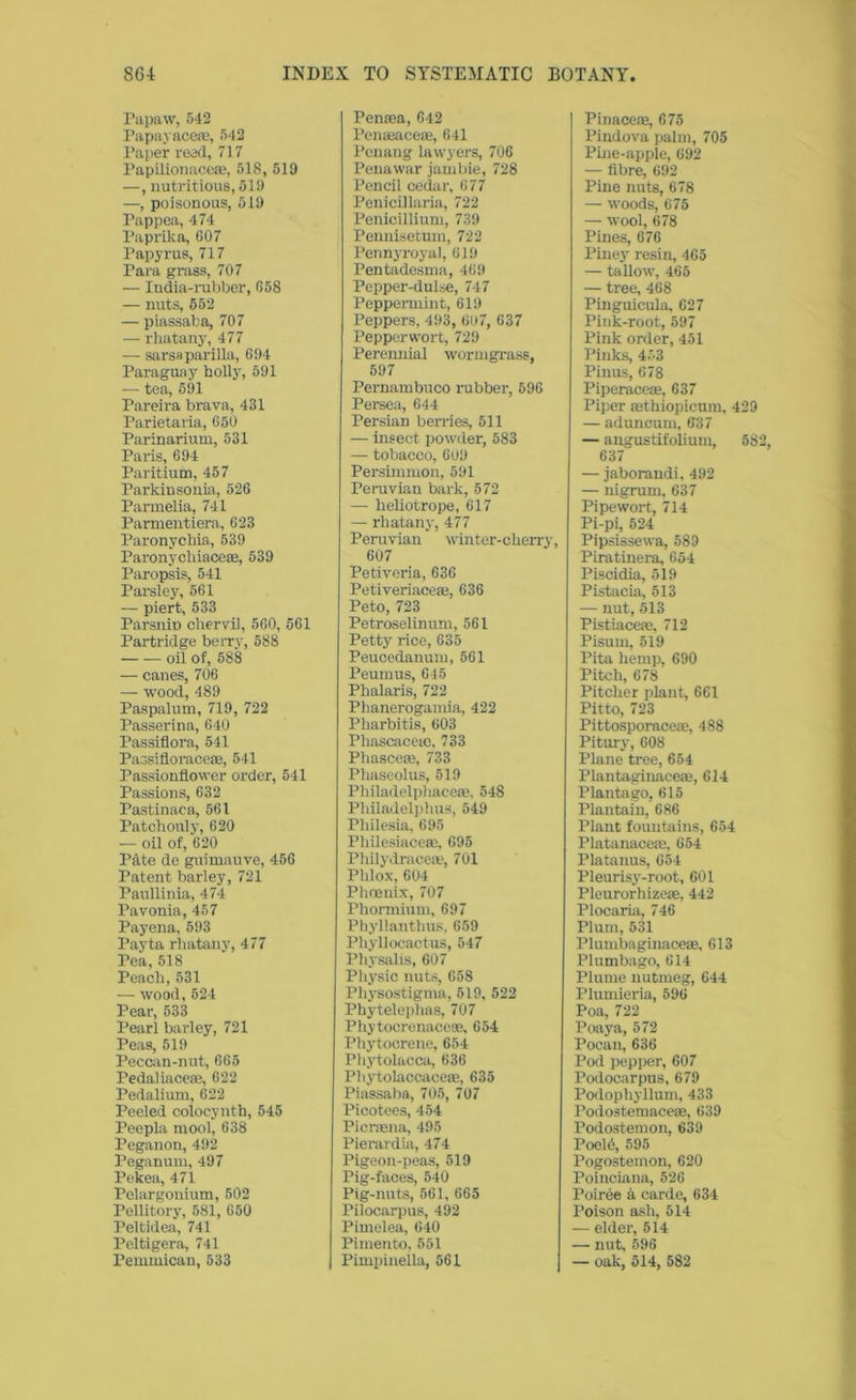 Papaw, 542 Papayacere, 542 Paper reed, 717 Papilionaceae, 518, 519 —, nutritious, 519 —, poisonous, 519 Pappea, 474 Paprika, 607 Papyrus, 717 Para grass, 707 •— India-rubber, 658 — nuts, 552 — piassaba, 707 — rhatany, 477 — sarsaparilla, 694 Paraguay holly, 591 — tea, 591 Pareira brava, 431 Parietaria, 650 Parinarium, 531 Paris, 694 Paritium, 457 Parkin sonia, 526 Parmelia, 741 Parmentiera, 623 Paronychia, 539 Paronycliiacese, 539 Paropsis, 541 Parsley, 561 — piert, 533 Parsnip chervil, 560, 561 Partridge berry, 588 oil of, 588 — canes, 706 — wood, 489 Paspalum, 719, 722 Passerina, 640 Passiflora, 541 Passifloraceae, 541 Passionflower order, 541 Passions, 632 Pastinaea, 561 Patchouly, 620 — oil of, 620 Pate do guimauve, 456 Patent barley, 721 Paullinia, 474 Pavonia, 457 Payena, 593 Payta rhatany, 477 Pea, 518 Peach,531 — wood, 524 Pear, 533 Pearl barley, 721 Peas, 519 Peccan-nnt, 665 Pedaliaceae, 622 Pedalium, 622 Peeled colocynth, 545 Peepla rnool, 638 Peganon, 492 Peganum, 497 Pekea, 471 Pelargonium, 502 Pellitory, 581, 650 Peltidea, 741 Peltigera, 741 Pemmican, 533 Penaea, 642 Penasacese, 641 Penang lawyers, 706 Penawar jambie, 728 Pencil cedar, 677 Penicillaria, 722 Penicillium, 739 Pennisetum, 722 Pennyroyal, 619 Pentadesma, 469 Pepper-dulse, 747 Peppermint, 619 Peppers, 493, 607, 637 Pepperwort, 729 Perennial wormgrass, 597 Pernambuco rubber, 596 Persea, 644 Persian berries, 511 — insect powder, 583 — tobacco, 609 Persimmon, 591 Peruvian bark, 572 — heliotrope, 617 — rhatany, 477 Peruvian winter-cherry, 607 Petiveria, 636 Petiveriacete, 636 Peto, 723 Petroselinum, 561 Petty rice, 635 Peucedanum, 561 Peumus, 645 Plialaris, 722 Phanerogamia, 422 Pliarbitis, 603 Phascacetc, 733 Pliasceae, 733 Phaseolus, 519 Philadelphacem, 548 Philadelphia, 549 Philesia, 695 Philesiaceae, 695 Philydraceae, 701 Phlox, 604 Phoenix, 707 Phormium, 697 PhyUanthus, 659 Phyllocactus, 547 Physalis, 607 Physic nuts, 658 Physostigma, 519, 522 Phytelephas, 707 Phytocrenaceae, 654 Phytocrene, 654 Phytolacca, 636 Phytolaccacere, 635 Piassaba, 705, 707 Picotees, 454 Picraana, 495 Pierardia, 474 Pigeon-peas, 519 Pig-faces, 540 Pig-nuts, 561, 665 Pilocarpus, 492 Pimelea, 640 Pimento, 551 Pimpinella, 561 Pinaceae, 675 Pindova palm, 705 Pine-apple, 692 — fibre, 692 Pine nuts, 678 — woods, 675 — wool, 678 Pines, 676 Piney resin, 465 — tallow, 465 — tree, 468 Pinguicula, 627 Pink-root, 597 Pink order, 451 Pinks, 453 Pinus, 678 Piperaceae, 637 Piper aethiopicum, 429 — aduncum, 637 — angustifolium, 582, 637 — jaborandi, 492 — nigrum, 637 Pipe wort, 714 Pi-pi, 524 Pipsissewa, 589 Piratinera, 654 Piscidia, 519 Pistacia, 513 — nut, 513 Pistiacete, 712 Pisum, 519 Pita hemp, 690 Pitch, 678 Pitcher plant, 661 Pitto, 723 Pittosporaceae, 488 Pitury, 608 Plane tree, 654 Plantaginace®, 614 Plantago, 615 Plantain, 686 Plant fountains, 654 Platanacea;, 654 Platanus, 654 Pleurisy-root, 601 Pleurorhizeae, 442 Plocaria, 746 Plum, 531 Plumbaginacese, 613 Plumbago, 614 Plume nutmeg, 644 Plunderia, 596 Poa, 722 Poaya, 572 Pocan, 636 Pod pepper, 607 Podocarpus, 679 Podophyllum, 433 Podostemaceee, 639 Podostemon, 639 Poel6, 595 Pogostemon, 620 Poinciana, 526 Poiree a carde, 634 Poison ash, 514 — elder, 514 — nut, 596 — oak, 514, 582