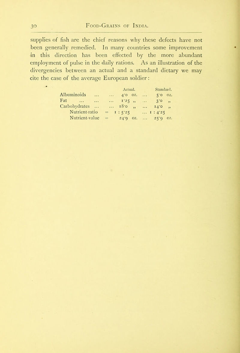 supplies of fish are the chief reasons why these defects have not been generally remedied. In many countries some improvement In this direction has been effected by the more abundant employment of pulse in the daily rations. As an illustration of the divergencies between an actual and a standard dietary we may cite the case of the average European soldier: Actual. Standard. Albuminoids Fat Carbohydrates 1-25 „ 3*o i8‘o „ ... i4'o : 5-25 ... r : 4*25 4‘o oz. ... 5-o oz. Nutrient-ratio Nutrient-value 24^ oz. ... 25‘9 oz.