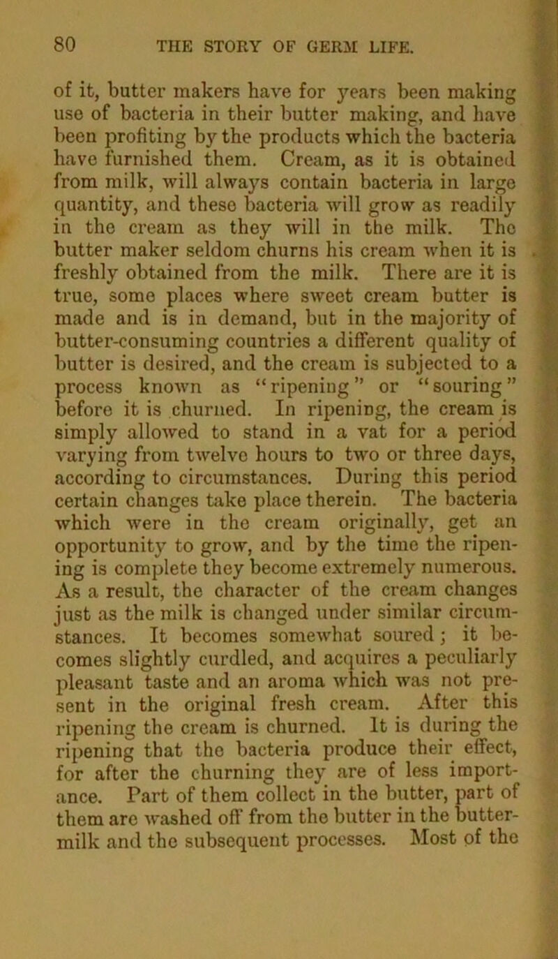 of it, butter makers have for years been making use of bacteria in their butter making, and have been profiting by the products which the bacteria have furnished them. Cream, as it is obtained from milk, will always contain bacteria in largo quantity, and these bacteria will grow as readily in the cream as they will in the milk. The butter maker seldom churns his cream when it is freshly obtained from the milk. There are it is true, some places where sweet cream butter is made and is in demand, but in the majority of butter-consuming countries a different quality of butter is desired, and the cream is subjected to a process known as “ ripening ” or “ souring ” before it is churned. In ripening, the cream is simply allowed to stand in a vat for a period varying from twelve hours to two or three days, according to circumstances. During this period certain changes take place therein. The bacteria which were in the cream originally, get an opportunity to grow, and by the time the ripen- ing is complete they become extremely numerous. As a result, the character of the cream changes just as the milk is changed under similar circum- stances. It becomes somewhat soured; it be- comes slightly curdled, and acquires a peculiarly pleasant taste and an aroma which was not pre- sent in the original fresh cream. After this ripening the cream is churned. It is during the ripening that the bacteria produce their effect, for after the churning they are of less import- ance. Part of them collect in the butter, part of them arc washed off from the butter in the butter- milk and the subsequent processes. Most of the