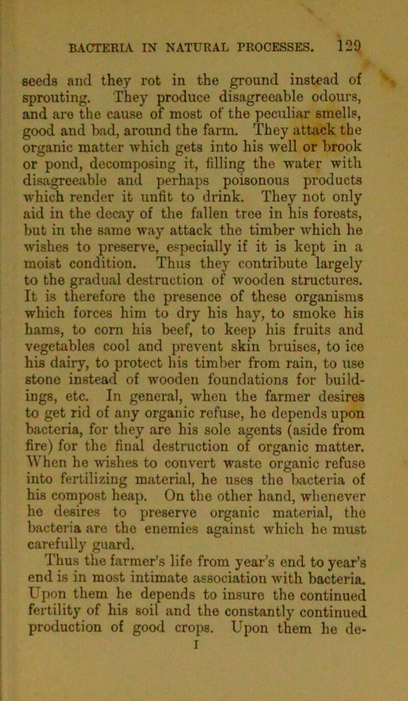 seeds and they rot in the ground instead of sprouting. They produce disagreeable odours, and are the cause of most of the peculiar smells, good and had, around the farm. They attack the organic matter Avhich gets into his well or brook or pond, decomposing it, filling the water with disagreeable and perhaps poisonous products which render it unfit to drink. They not only aid in the decay of the fallen tree in his forests, but in the same way attack the timber which he wishes to preserve, especially if it is kept in a moist condition. Thus they contribute largely to the gradual destruction of wooden structures. It is therefore the presence of these organisms which forces him to dry his hay, to smoke his hams, to corn his beef, to keep his fruits and vegetables cool and prevent skin bruises, to ice his dairy, to protect his timber from rain, to use stone instead of wooden foundations for build- ings, etc. In general, when the farmer desires to get rid of any organic refuse, he depends upon bacteria, for they are his sole agents (aside from fire) for the final destruction of organic matter. When he wishes to convert waste organic refuse into fertilizing material, he uses the bacteria of his compost heap. On the other hand, whenever he desires to jireserve organic material, the bacteria are the enemies against which he must carefully guard. Thus the farmer’s life from year’s end to year’s end is in most intimate association with bacteria. Upon them he depends to insure the continued fertility of his soil and the constantly continued production of good crops. Upon them he de- I