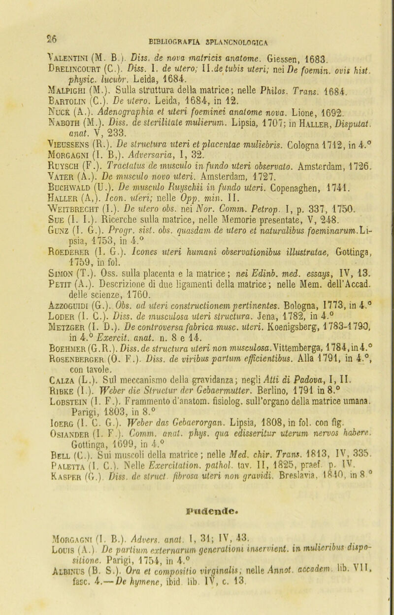 Valentini (M. B ). Diss, de nova matricis anatome. Giessen, 1683. Drelincourt (C.). Diss. I. de utero; ll.de tubis uteri; nei De foemin. ovis hi3t. physic. lucubr. Leida, 1684. Malpighi (M.). Sulla struttura della matrice; nelle Philos. Trans. 1684. Bartolin (C.). De utero. Leida, 1684, in 12. Nuck (A.). Adenographia et uteri foeminei anatome nova. Lione, 1692. Naboth (M.). Diss. de sterilitate mulierum. Lipsia, 1707; in Haller, Disputat. anat. V, 233. Vieussens (R.). De slructura uteri et placentae muliebris. Cologna 1712, in 4.° Morgagni (I. B,). Adversaria, 1, 32. Rlysch (F.). Tractatus de musculo infundo uteri observato. Amsterdam, 1726. Vater (A.). De musculo novo uteri. Amsterdam, 1727. Buchwald (U.). De musculo Ruyschii in fundo uteri. Copenaghen, 1741. Haller (A,). Icon, uteri; nelle Opp. min. II. Weitbrecht (I.). De utero obs. nei Nor. Comm. Petrop. I, p. 337, 1750. Sue (1. I.). Ricerche sulla matrice, nelle Memorie presentate, V, 248. Gunz (I. G.). Progr. sist. obs. quasdam de utero et naturalibus foeminarum.Li- psia, 1753, in 4.° Roederer (I. G.). Icones uteri humani observationibus illustratae, Gottinga, 1759, in fol. Simon (T.). Oss. sulla placenta e la matrice; nei Edinb. med. essays, IV, 13. Petit (A.). Descrizione di due ligamenti della matrice; nelle Mem. dell’Accad. delle scienze, 1760. Azzoguidi (G.). Obs. ad uteri constnictionempertinentes. Bologna, 1773, in 4.° Loder (I. C.). Diss. de musculosa uteri slructura. Jena, 1782, in 4.° Metzger (I. D.). De controversafabricamusc. uteri. Koenigsberg, 1783-1790, in 4.° Exercit. anat. n. 8 e 14. Boehmer (G.R.). Diss. de structura uteri non musculosa. Vittemberga, 1784, in4.° Rosenberger (0. F.). Diss. de viribus partum efßcientibus. Alla 1791, in 4.°, con tavole. Calza (L.). Siil meccanismo della gravidanza; negli Atti di Padova, I, II. Ribke (I.). Weber die Slruclur der Gebaermutter. Berlino, 1791 in 8.° Lobstein (I. F.). Frammento d'anatom. fisiolog. sull’organo della matrice umana. Parigi, 1803, in 8.° Ioerg (I. C. G.). Weber das Gebaerorgan. Lipsia, 1808, in fol. con fig. Osiander (I. F.). Comm. anat. phys. qua edisseritur uterum nenios habere. Gottinga, 1699, in 4.° Bell (C.). Sui muscoli della matrice; nelle Med. chir. Trans. 1813, IV, 335. Paletta (I. C.). Nelle Exercilation. pathol. tav. II, 1825, praef p. IV. Kaspf.R (G.). Diss. de slruct fibrosa uteri non gravidi. Breslavia. 1840, in 8 0 bildende. Morgagni (I. B.). Advers. anat. 1, 31; IV, 43. . Louis (A.) De partium externurum gcncrationi inservient. inmulieribus dispo- sitione. Parigi, 1754, in 4.° Albinos (B. S.). Qra et compositio virginalis; nelle Annot. accadem. lib. vli, fase. 4.— De hymene, ibid lib. IV, c. 13.