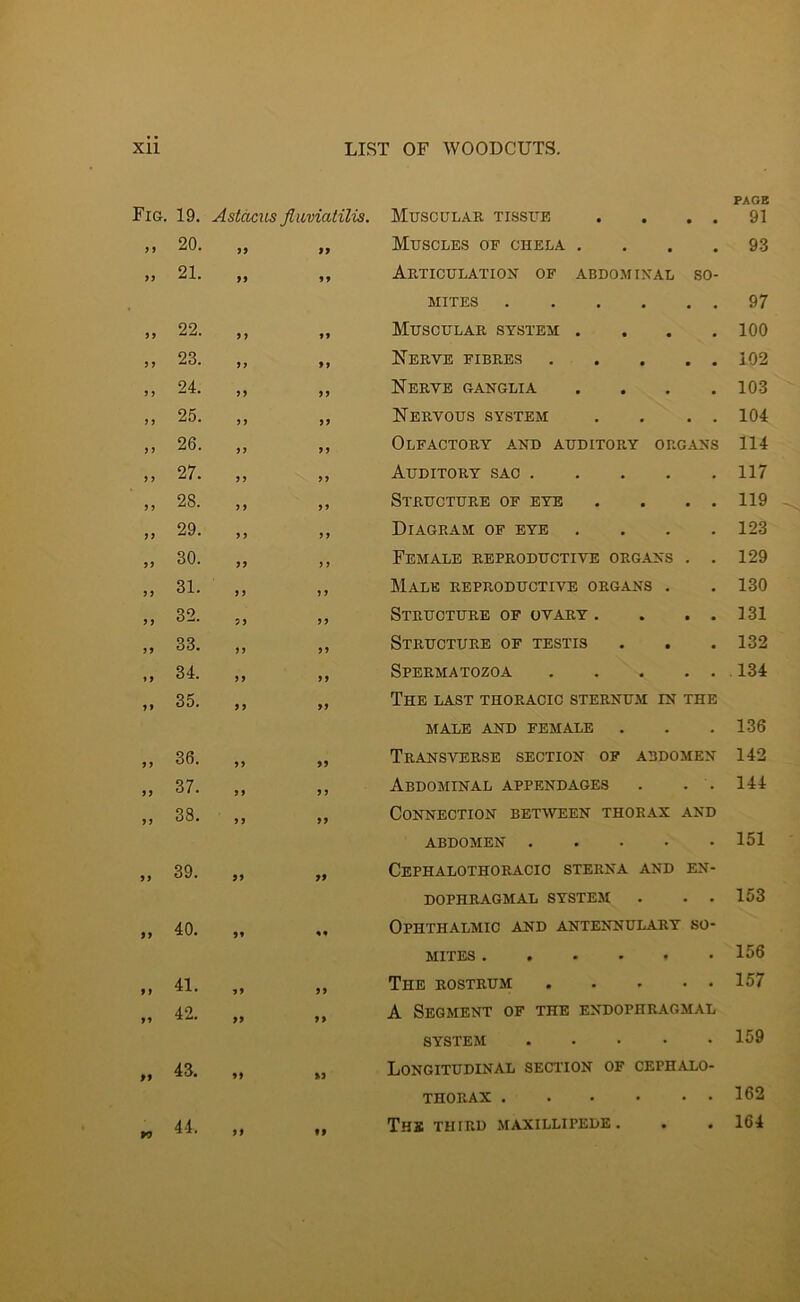 PAGE Fig. 19. Astdcus fluviatilis. Muscular tissue . . . . 91 99 20. 99 99 Muscles of chela .... 93 99 21. 99 99 Articulation of abdominal so- mites 97 99 22. 99 99 Muscular system .... 100 9 9 23. 99 99 Kerve fibres 102 9 9 24. 99 99 Nerve ganglia .... 103 9 9 25. 99 99 Nervous system . . . . 104 99 26. 99 99 Olfactory and auditory organs 114 9 9 27. 9 99 Auditory sac 117 99 28. 9 99 Structure of eye . . . . 119 99 29. 9 99 Diagram of eye .... 123 99 30. 99 9 9 Female reproductive organs . . 129 9 9 31. 9 99 Male reproductive organs . 130 99 32. 99 99 Structure of ovary . . . . 131 99 33. 99 99 Structure of testis 132 1 9 34. 99 99 Spermatozoa .134 99 35. 99 99 The last thoracic sternum in the male and female 136 9 9 36. 99 99 Transverse section of abdomen 142 99 37. 99 99 Abdominal appendages . . . 144 9 9 38. 99 99 Connection BET^VEEN thorax and ABDOMEN 151 99 39. 99 99 Cephalothoracic sterna and en- DOPHRAGMAL SYSTEM . . . 153 99 40. 99 %% Ophthalmic and antennulary so- mites 156 9 41. 99 99 The rostrum 157 99 42. 99 99 A Segment of the endophragmal SYSTEM 159 99 43. 99 99 Longitudinal section of cephalo- THORAX 162 to 44. 99 f f The THIRD MAXILLIPEDE . 164