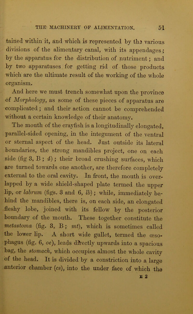 tained within it, and which is represented by th3 various divisions of the alimentary canal, with its appendages; by the apparatus for the distribution of nutriment; and by two apparatuses for getting rid of those products which are the ultimate result of the working of the whole organism. And here we must trench somewhat upon the province of Morphology, as some of these pieces of apparatus are complicated; and their action cannot be comprehended without a certain knowledge of their anatomy. The mouth of the crayfish is a longitudinally elongated, parallel-sided opening, in the integument of the ventral or sternal aspect of the head. Just outside its lateral boundaries, the strong mandibles project, one on each side (fig 3, B ; 4); their broad crushing surfaces, which are turned towards one another, are therefore completely external to the oral cavity. In front, the mouth is over- lapped by a wide shield-shaped plate termed the upper lip, or lahrum (figs. 3 and 6, lb); while, immediately be- hind the mandibles, there is, on each side, an elongated fleshy lobe, joined with its fellow by the posterior boundary of the mouth. These together constitute the metastoma (fig. 3, B; mt), which is sometimes called the lower lip. A short wide gullet, termed the oeso- phagus (fig. 6, oe), leads dAectly upwards into a spacious bag, the stomach, which occupies almost the whole cavity of the head. It is divided by a constriction into a large anterior chamber (cs), into the under face of which the £ 2