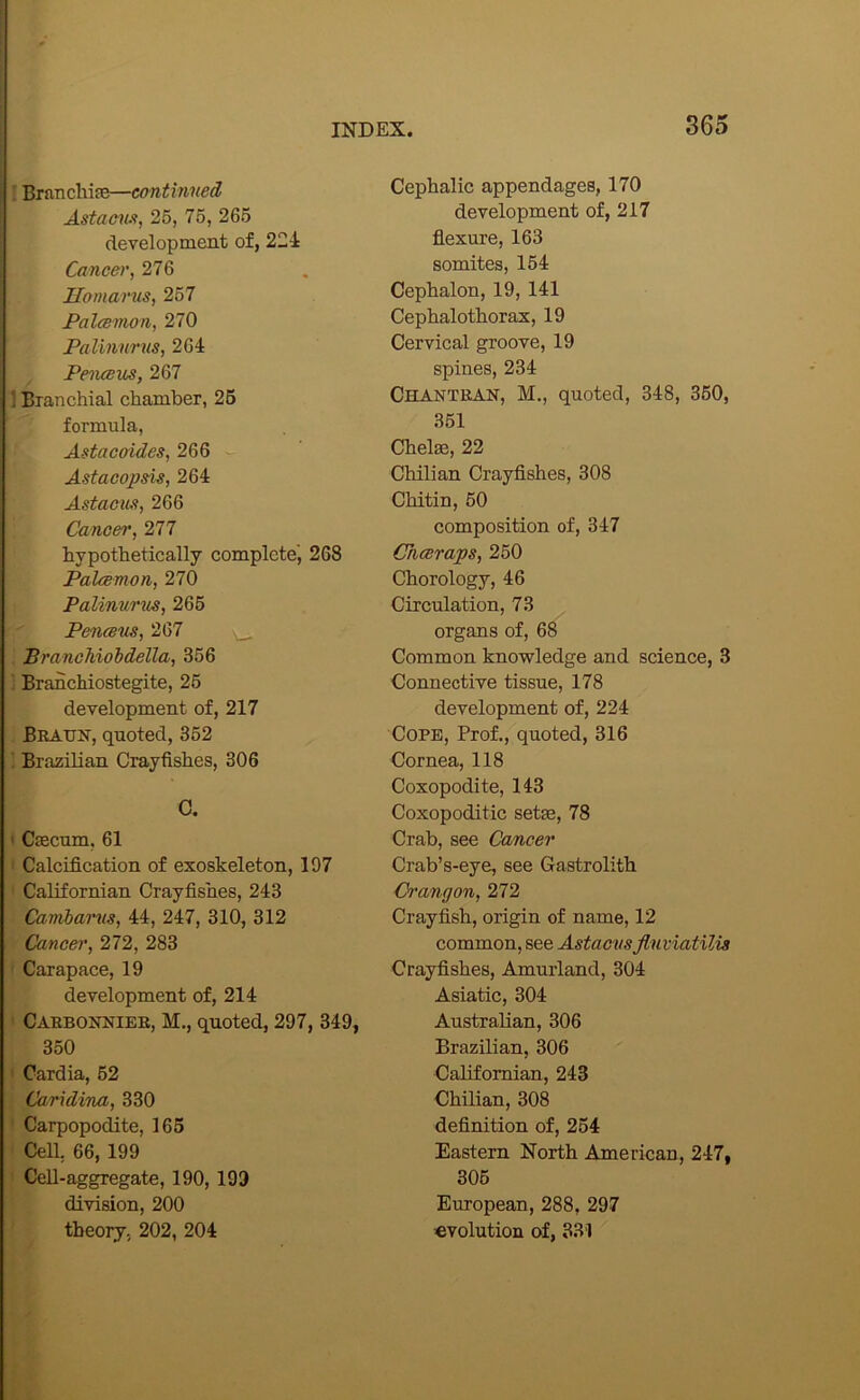 ■ Branchife—continued Astamie, 25, 76, 265 development of, 22i Cancer, 276 Ilomarus, 257 Palcemon, 270 Palinnrus, 264 PencBus, 267 ! Branchial chamber, 25 formula, Astacaides, 266 Astacopsis, 264 Astaciie, 266 Cancer, 277 hypothetically complete', 268 Palcemon, 270 Palinurus, 266 Pencem, 267 BrancMobdella, 356 Branchiostegite, 26 development of, 217 Bratjn, quoted, 352 ' Brazilian Crayfishes, 306 C. < CEBCum, 61 < Calcification of exoskeleton, 197 ' Californian Crayfishes, 243 Cambarvs, 44, 247, 310, 312 Cancer, 272, 283 Carapace, 19 development of, 214 ■ Caeboitmeb, M., quoted, 297, 349, 350 ( Cardia, 62 Caridina, 330 ' Carpopodite, 165 • Cell, 66, 199 ' Cell-aggregate, 190,193 division, 200 theory, 202, 204 Cephalic appendages, 170 development of, 217 flexure, 163 somites, 154 Cephalon, 19, 141 Cephalothorax, 19 Cervical groove, 19 spines, 234 Chantkan, M,, quoted, 348, 360, 361 Chelse, 22 Chilian Crayfishes, 308 Chitin, 50 composition of, 347 Chtsraps, 250 Chorology, 46 Circulation, 73 organs of, 68 Common knowledge and science, 3 Connective tissue, 178 development of, 224 Cope, Prof., quoted, 316 Cornea, 118 Coxopodite, 143 Coxopoditic setee, 78 Crab, see Cancer Crab’s-eye, see Gastrolith Crangon, 272 Crayfish, origin of name, 12 common, see Astacus Jluviatilia Crayfishes, Amuiiand, 304 Asiatic, 304 Australian, 306 Brazilian, 306 CaHfomian, 243 Chilian, 308 definition of, 254 Eastern North American, 247, 306 European, 288, 297 evolution of, 331