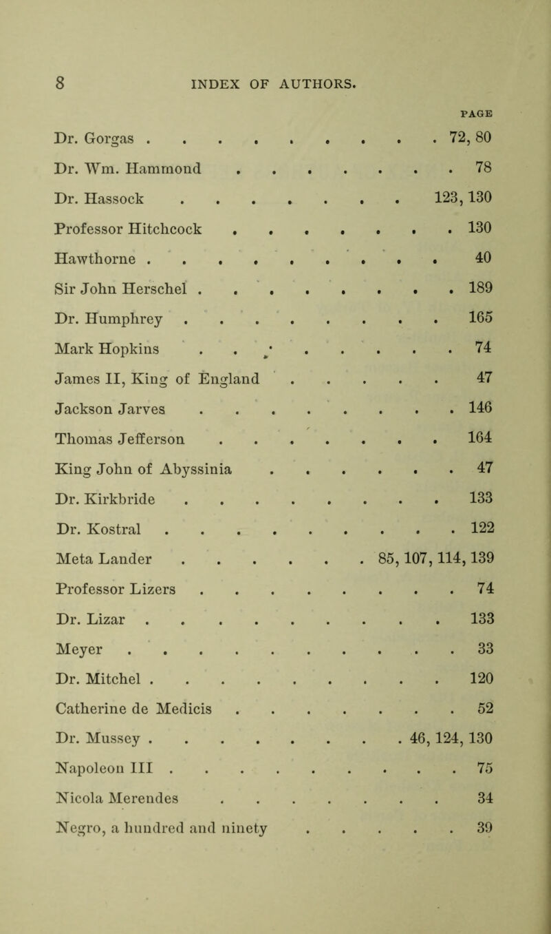 PAGE Dr. Gorgas 72, 80 Dr. Wm. Hammond 78 Dr. Hassock 123,130 Professor Hitchcock 130 Hawthorne 40 Sir John Herschel . 189 Dr. Humphrey 165 Mark Hopkins . . 74 James II, King of England 47 Jackson Jarves 146 Thomas Jefferson 164 King John of Abyssinia 47 Dr. Kirkbride 133 Dr. Kostral 122 Meta Lander 85,107,114,139 Professor Lizers 74 Dr. Lizar 133 Meyer 33 Dr. Mitchel 120 Catherine de Medicis 52 Dr. Mussey 46,124, 130 Napoleon III 75 Nicola Merendes 34 Negro, a hundred and ninety 39