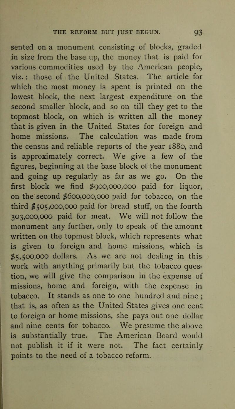 sented on a monument consisting of blocks, graded in size from the base up, the money that is paid for various commodities used by the American people, viz.: those of the United States. The article for which the most money is spent is printed on the lowest block, the next largest expenditure on the second smaller block, and so on till they get to the topmost block, on which is written all the money that is given in the United States for foreign and home missions. The calculation was made from the census and reliable reports of the year 1880, and is approximately correct. We give a few of the figures, beginning at the base block of the monument and going up regularly as far as we go. On the first block we find $900,000,000 paid for liquor, on the second $600,000,000 paid for tobacco, on the third $505,000,000 paid for bread stuff, on the fourth 303,000,000 paid for meat. We will not follow the monument any further, only to speak of the amount written on the topmost block, which represents what is given to foreign and home missions, which is $5,500,000 dollars. As we are not dealing in this work with anything primarily but the tobacco ques- tion, we will give the comparison in the expense of missions, home and foreign, with the expense in tobacco. It stands as one to one hundred and nine ; that is, as often as the United States gives one cent to foreign or home missions, she pays out one dollar and nine cents for tobacco. We presume the above is substantially true. The American Board would not publish it if it were not. The fact certainly points to the need of a tobacco reform.