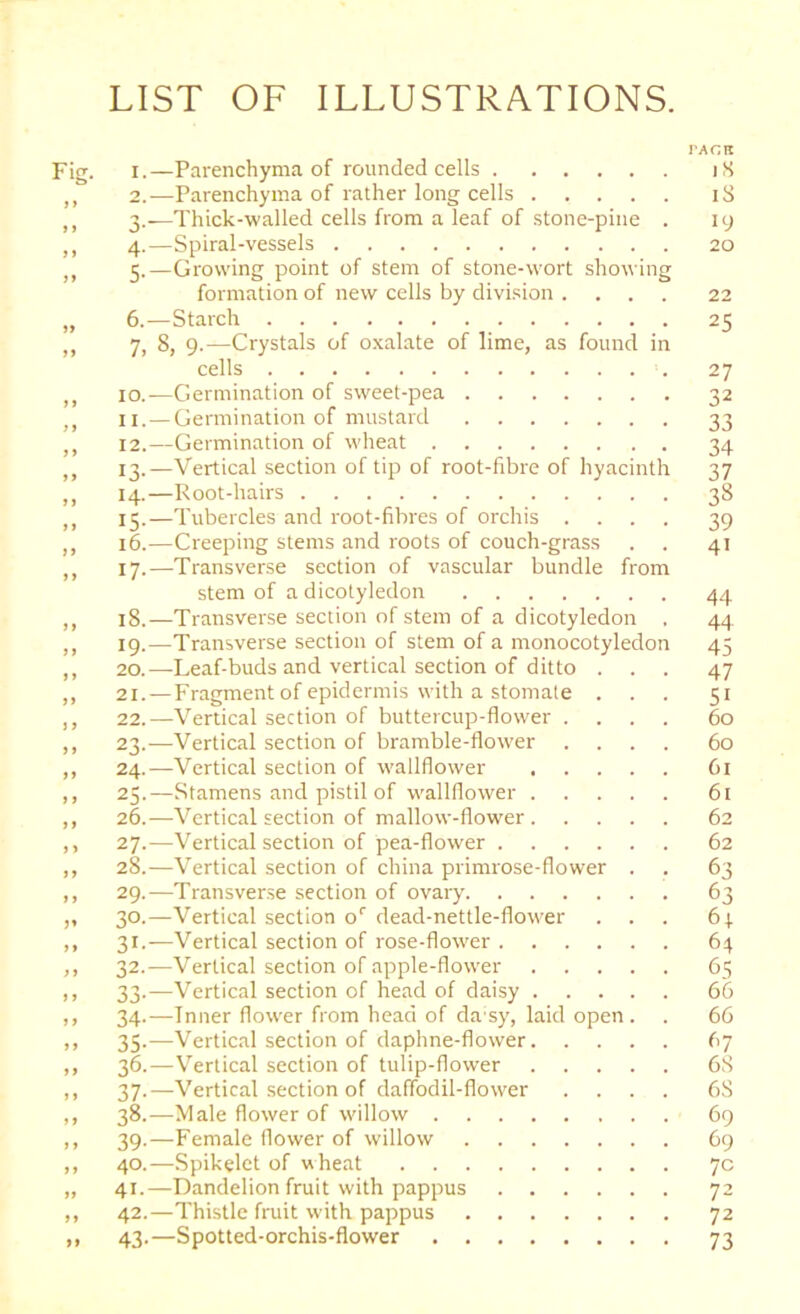 LIST OF ILLUSTRATIONS. Fig. 1. —Parenchyma of rounded cells 2. —Parenchyma of rather long cells 3. —Thick-walled cells from a leaf of stone-pine . 4. —Spiral-vessels 5. —Growing point of stem of stone-wort showing formation of new cells by division .... 6. —Starch 7. 8, 9.—Crystals of oxalate of lime, as found in cells 10. —Germination of sweet-pea 11. —Germination of mustard 12. —Germination of wheat 13. —Vertical section of tip of root-fibre of hyacinth 14. —Root-hairs 15. —Tubercles and root-fibres of orchis .... 16. —Creeping stems and roots of couch-grass 17. —Transverse section of vascular bundle from stem of a dicotyledon 18. —Transverse section of stem of a dicotyledon . 19. —Transverse section of stem of a monocotyledon 20. —Leaf-buds and vertical section of ditto . . . 21. —Fragment of epidermis with a stomate . 22. —Vertical section of buttercup-flower .... 23. —Vertical section of bramble-flower .... 24. —Vertical section of wallflower 25. —Stamens and pistil of wallflower 26. —Vertical section of mallow-flower 27. —Vertical section of pea-flower 28. —Vertical section of china primrose-flower . 29. —Transverse section of ovary 30. —Vertical section or dead-nettle-flower . . 31. —Vertical section of rose-flower 32. —Vertical section of apple-flower 33. —Vertical section of head of daisy 34. —Inner flower from head of da;sy, laid open. 35. —Vertical section of daphne-flower 36. —Vertical section of tulip-flower 37. —Vertical section of daffodil-flower . . . 38. —Male flower of willow 39. —Female flower of willow 40. —Spikelet of wheat 41. —Dandelion fruit with pappus 42. —Thistle fruit with pappus 43. —Spotted-orchis-flower TAGII 18 18 19 20 22 25 27 32 33 34 39 4' 44 44 45 47 5i 60 60 61 61 62 62 63 63 6; 64 65 66 66 67 68 68 69 69 7C 72 72 73