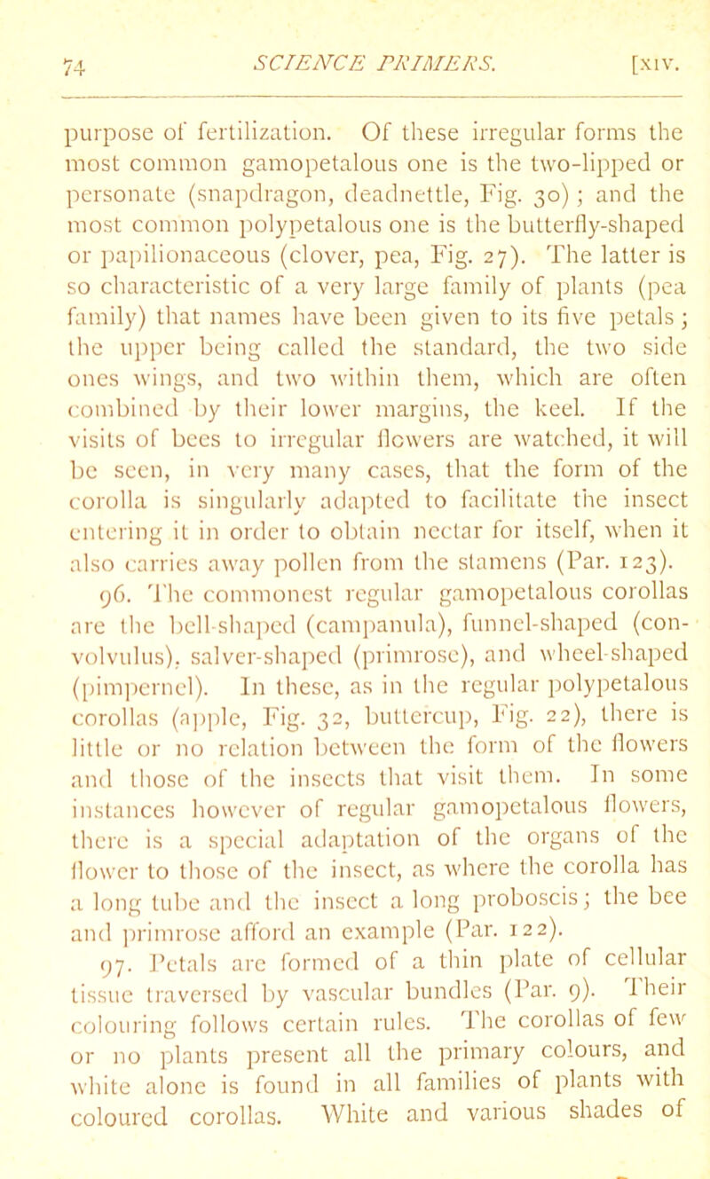 purpose of fertilization. Of these irregular forms the most common gamopetalous one is the two-lipped or personate (snapdragon, deadnettle, Fig. 30); and the most common polypetalous one is the butterfly-shaped or papilionaceous (clover, pea, Fig. 27). The latter is so characteristic of a very large family of plants (pea family) that names have been given to its five petals; the upper being called the standard, the two side ones wings, and two within them, which are often combined by their lower margins, the keel. If the visits of bees to irregular flowers are watched, it will be seen, in very many cases, that the form of the corolla is singularly adapted to facilitate the insect entering it in order to obtain nectar for itself, when it also carries away pollen from the stamens (Par. 123). 96. 'Phe commonest regular gamopetalous corollas are the bell shaped (campanula), funnel-shaped (con- volvulus). salver-shaped (primrose), and wheel-shaped (pimpernel). In these, as in the regular polypetalous corollas (apple, Fig. 32, buttercup, Fig. 22), there is little or no relation between the form of the flowers and those of the insects that visit them. In some instances however of regular gamopetalous flowers, there is a special adaptation of the organs of the flower to those of the insect, as where the corolla has a long tube and the insect a long proboscis; the bee and primrose afford an example (Par. 122). 97. Petals are formed of a thin plate of cellular tissue traversed by vascular bundles (Par. 9). 1 heir colouring follows certain rules. The corollas of few or no plants present all the primary colours, and white alone is found in all families of plants with coloured corollas. White and various shades of