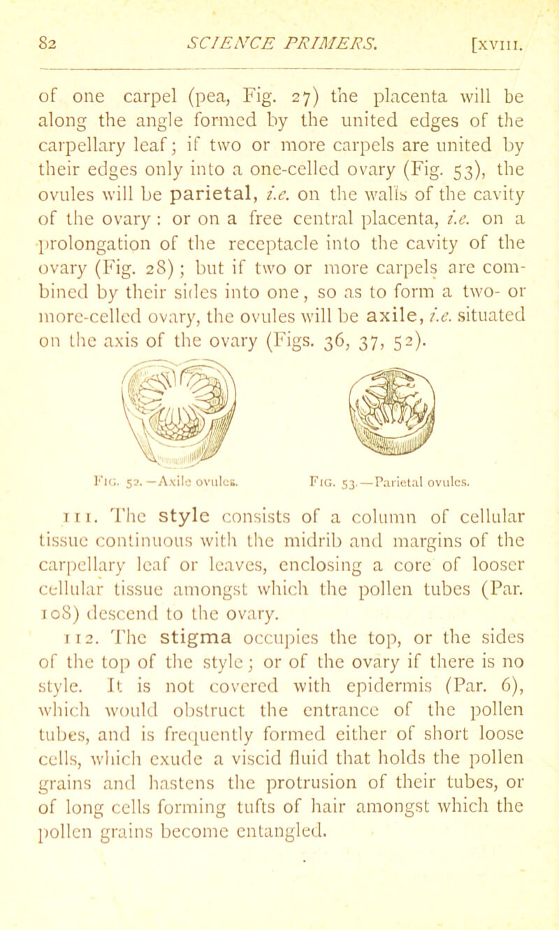 of one carpel (pea, Fig. 27) the placenta will be along the angle formed by the united edges of the carpellary leaf; if two or more carpels are united by their edges only into a one-celled ovary (Fig. 53), the ovules will be parietal, i.e. on the walls of the cavity of the ovary: or on a free central placenta, i.e. on a prolongation of the receptacle into the cavity of the ovary (Fig. 28); but if two or more carpels are com- bined by their sides into one, so as to form a two- or more-celled ovary, the ovules will be axile, i.e. situated on the axis of the ovary (Figs. 36, 37, 52). hi. The style consists of a column of cellular tissue continuous with the midrib and margins of the carpellary leaf or leaves, enclosing a core of looser cellular tissue amongst which the pollen tubes (Par. 108) descend to the ovary. 112. The stigma occupies the top, or the sides of the top of the style; or of the ovary if there is no style. It is not covered with epidermis (Par. 6), which would obstruct the entrance of the pollen tubes, and is frequently formed either of short loose cells, which exude a viscid fluid that holds the pollen grains and hastens the protrusion of their tubes, or of long cells forming tufts of hair amongst which the pollen grains become entangled. FiC. 52. —Axile ovules. Fig. 53.—Parietal ovules.