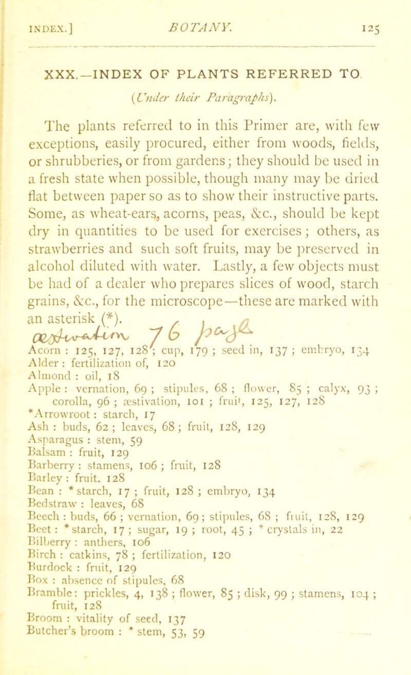 XXX.—INDEX OF PLANTS REFERRED TO (Under their Paragraphs). The plants referred to in this Primer are, with few exceptions, easily procured, either from woods, fields, or shrubberies, or from gardens; they should be used in a fresh state when possible, though many may be dried flat between paper so as to show their instructive parts. Some, as wheat-ears, acorns, peas, &c., should be kept dry in quantities to be used for exercises; others, as strawberries and such soft fruits, may be preserved in alcohol diluted with water. Lastly, a few objects must be had of a dealer who prepares slices of wood, starch grains, &c., for the microscope—these are marked with an asterisk (*). , . ~7 b Acorn : 125, 127, 128s cup, 179 ; seed in, 137 ; embryo, 134 Alder: fertilization of, 120 Almond : oil, 18 Apple : vernation, 69 ; stipules, 68 ; (lower, 85 ; calyx, 93 ; corolla, 96 ; aestivation, 101 ; fruit, 125, 127, 128 ‘Arrowroot: starch, 17 Ash : buds, 62 ; leaves, 68 ; fruit, 128, 129 Asparagus : stem, 59 Balsam : fruit, 129 Barberry: stamens, 106; fruit, 128 Barley: fruit. 128 Bean : ‘starch, 17 ; fruit, 128 ; embryo, 134 Bedstraw : leaves, 68 Beech : buds, 66 ; vernation, 69; stipules, 68 ; fruit, 128, 129 Beet: ‘starch, 17 ; sugar, 19 ; root, 45 ; * crystals in, 22 Bilberry : anthers, 106 Birch : catkins, 78 ; fertilization, 120 Burdock : fruit, 129 Box : absence of stipules, 68 Bramble: prickles, 4, 138 ; flower, 85 ; disk, 99 ; stamens, 104 ; fruit, 128 Broom : vitality of seed, 137 Butcher’s broom : * stem, 53, 59