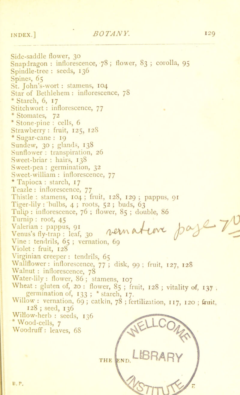 Side-saddle flower, 30 Snapdragon : inflorescence, 78 ; flower, 83 ; corolla, 95 Spindle-tree : seeds, 136 Spines, 65 St. John’s-wort : stamens, 104 Star of Bethlehem : inflorescence, 78 * Starch, 6, 17 Stitch wort : inflorescence, 77 * Stomates, 72 * Stone-pine : cells, 6 Strawberry: fruit, 125, 128 * Sugar-cane : 19 Sundew, 30 ; glands, 138 Sunflower : transpiration, 26 Sweet-briar : hairs, 138 Sweet-pea : germination, 32 Sweet-william : inflorescence, 77 * Tapioca : starch, 17 Teazle : inflorescence, 77 Thistle : stamens, 104; fruit, 128, 129 ; pappus, 91 Tiger-lily : bulbs, 4 ; roots, 52 ; buds, 63 Tulip : inflorescence, 76 ; flower, 85 ; double, 86 Turnip : root, 45 Violet: fruit, 128 Virginian creeper : tendrils, 65 Wallflower: inflorescence, 77; disk, 99; fruit, 127, 128 Walnut : inflorescence, 78 Water-lily : flower, 86 ; stamens, 107 Wheat : gluten of, 20 : flower, 85 ; fruit, 128 ; vitality of, 137 . germination of, 133; ‘starch, 17. Willow : vernation, 69 ; catkin, 78 ; fertilization, 117, 120 ; fruit, 128 ; seed, 136 Valerian : pappus, 91 Venus’s fly-trap : leaf, 30 Vine : tendrils, 65 ; vernation, 09 Willow-herb : seeds, 136 * Wood-cells, 7 Woodruff: leaves, 68 THE