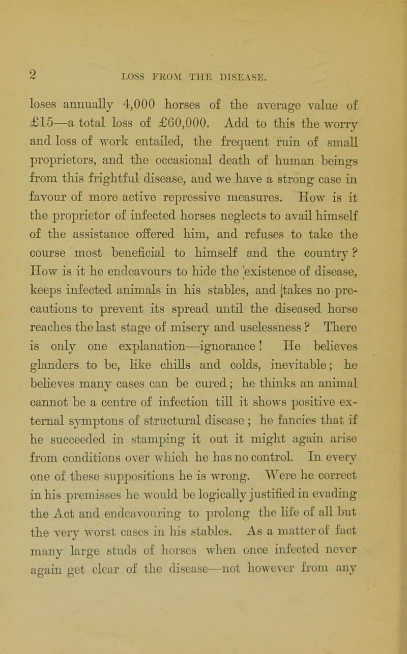 LOSS FROM THE DISEASE. loses annually 4,000 horses of the average value of £15—a total loss of £60,000. Add to this the worry and loss of work entailed, the frequent ruin of small proprietors, and the occasional death of human beings from this frightful disease, and we have a strong case in favour of more active repressive measures. How is it the proprietor of infected horses neglects to avail himself of the assistance offered him, and refuses to take the course most beneficial to himself and the country ? How is it he endeavours to hide the 'existence of disease, keeps infected animals in his stables, and [takes no pre- cautions to prevent its spread until the diseased horse reaches the last stage of misery and uselessness ? There is only one explanation—ignorance! He believes glanders to be, like chills and colds, inevitable; he believes many cases can be cured; he thinks an animal cannot be a centre of infection till it shows positive ex- ternal svmptons of structural disease ; he fancies that if he succeeded in stamping it out it might again arise from conditions over which he has no control. In every one of these suppositions he is wrong. Were he correct in his premisses he would be logically justified iu evading the Act and endeavouring to prolong the life of all but the very worst cases in his stables. As a matter of fact many large studs of horses when once infected never again get clear of the disease—not however from any