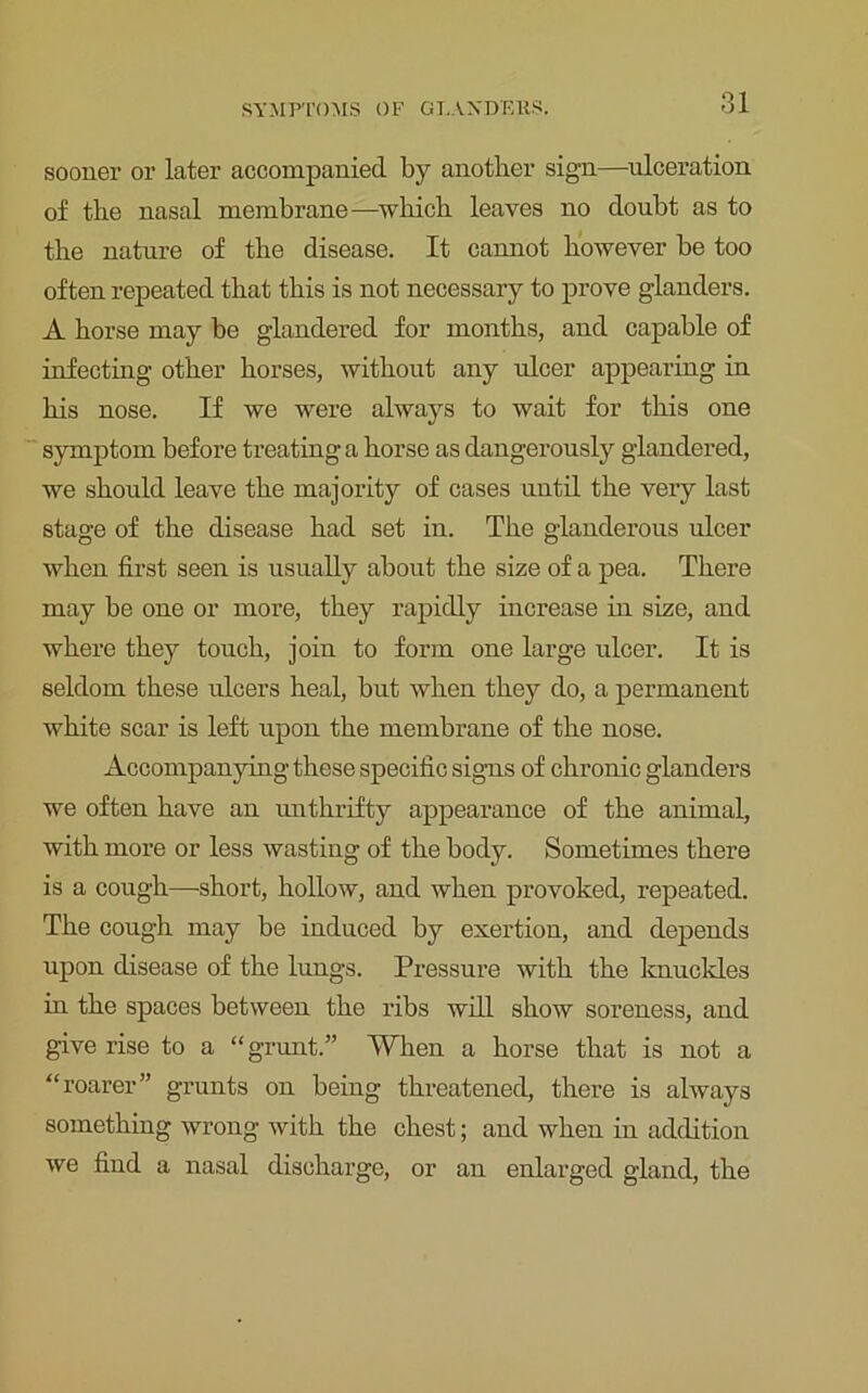 sooner or later accompanied by another sign—ulceration of the nasal membrane—which leaves no doubt as to the nature of the disease. It cannot however be too often repeated that this is not necessary to prove glanders. A horse may be glandered for months, and capable of infecting other horses, without any ulcer appearing in his nose. If we were always to wait for this one symptom before treating a horse as dangerously glandered, we should leave the majority of cases until the very last stage of the disease had set in. The glanderous ulcer when first seen is usually about the size of a pea. There may be one or more, they rapidly increase in size, and where they touch, join to form one large ulcer. It is seldom these ulcers heal, but when they do, a permanent white scar is left upon the membrane of the nose. Accompanying these specific signs of chronic glanders we often have an unthrifty appearance of the animal, with more or less wasting of the body. Sometimes there is a cough—short, hollow, and when provoked, repeated. The cough may be induced by exertion, and depends upon disease of the lungs. Pressure with the knuckles in the spaces between the ribs will show soreness, and give rise to a “grunt.” When a horse that is not a “roarer” grunts on being threatened, there is always something wrong with the chest; and when in addition we find a nasal discharge, or an enlarged gland, the