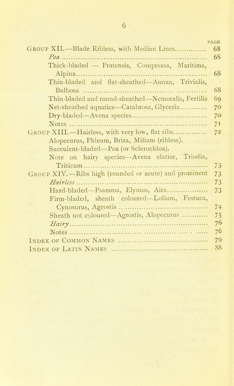PAGE Group XII.—Blade Ribless, with Median Lines 68 Poa 68 Thick-bladed — Pratensis, Compressa, Maritima, Alpina 68 Thin-bladed and flat-sheathed—Annua, Trivialis, Bulbosa 68 Thin-bladed and round-sheathed—Nemoralis, Fertilis 69 Net-sheathed aquatics—Catabrosa, Glyceria 70 Dry-bladed—Avena species ^o■ Notes 71 Group XIII.—Hairless, with very low, flat ribs 72 Alopecurus, Phleum, Briza, Milium (ribless). Succulent-bladed—Poa (or Sclerochloa). Note on hairy species—Avena elatior, Triodia, Triticum 7S Group XIV.—Ribs high (rounded or acute) and prominent 73 Hairless 73 Plard-bladed—Psamma, Elymus, Aira 73 Firm-bladed, sheath coloured—Lolium, Festuca, Cynosurus, Agrostis 74 Sheath not coloured—Agrostis, Alopecurus 75 Hairy 76- Notes 76 Index of Common Names 79 Index of Latin Names SS