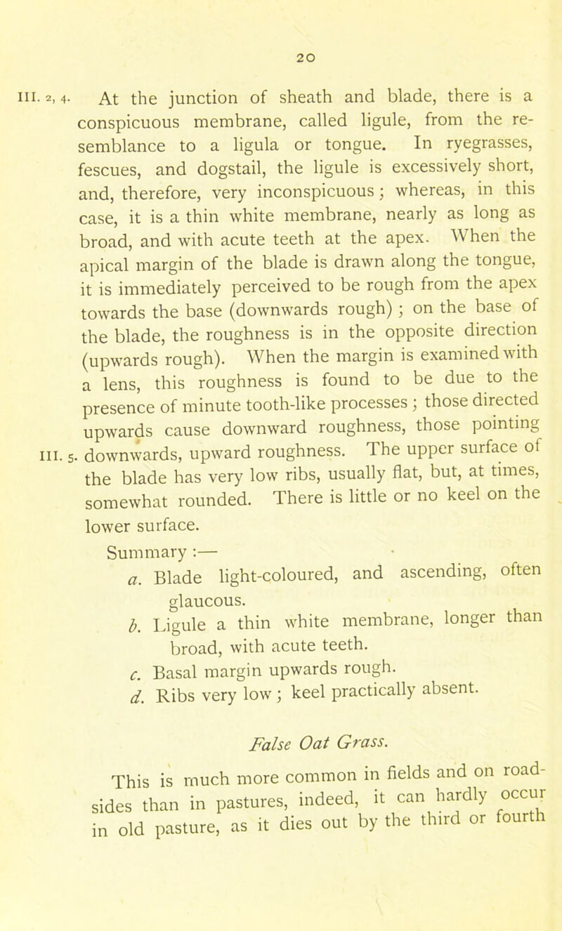 III. 2, 4. III. At the junction of sheath and blade, there is a conspicuous membrane, called ligule, from the re- semblance to a ligula or tongue. In ryegrasses, fescues, and dogstail, the ligule is excessively short, and, therefore, very inconspicuous; whereas, in this case, it is a thin white membrane, nearly as long as broad, and with acute teeth at the apex. When the apical margin of the blade is drawn along the tongue, it is immediately perceived to be rough from the apex towards the base (downwards rough) • on the base of the blade, the roughness is in the opposite direction (upwards rough). When the margin is examined with a lens, this roughness is found to be due to the presence of minute tooth-like processes; those directed upwards cause downward roughness, those pointing i. downwards, upward roughness. The upper surface of the blade has very low ribs, usually fiat, but, at times, somewhat rounded. There is little or no keel on the lower surface. Summary :— a. Blade light-coloured, and ascending, often glaucous. b. Ligule a thin white membrane, longer than Vjroad, with acute teeth. c. Basal margin upwards rough. d. Ribs very low ) keel practically absent. False Odt Gfciss. This is much more common in fields and on road- sides than in pastures, indeed, it can hardly occur in old pasture, as it dies out by the third or fourth