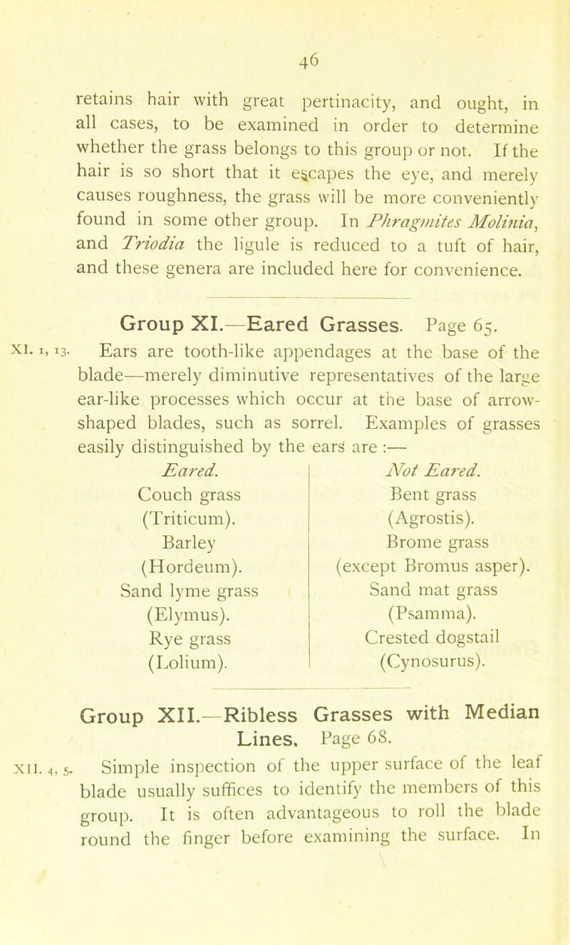 retains hair with great iDertinacity, and ought, in all cases, to be examined in order to determine whether the grass belongs to this group or not. If the hair is so short that it escapes the eye, and merely causes roughness, the grass will be more conveniently found in some other group. In Phragmites Molitiia, and Triodia the ligule is reduced to a tuft of hair, and these genera are included here for convenience. XI. I, 13. Group XL—Eared Grasses. Page 65. Ears are tooth-like appendages at the base of the blade—merely diminutive representatives of the large ear-like processes which occur at the base of arrow- shaped blades, such as sorrel. Examples of grasses easily distinguished by the Eared. Couch grass (Triticum). Barley (Hordeum). Sand lyme grass (Elymus). Rye grass (Lolium). ears are;— Not Eared. Bent grass (Agrostis). Brome grass (e.xcept Bromus asper). Sand mat grass (Psamma). Crested dogstail (Cynosurus). Group XII.—Ribless Grasses with Median Lines, Page 68. XII. 4, 5. Simple inspection of the upper surface of the leaf blade usually suffices to identify the members of this group. It is often advantageous to roll the blade round the finger before examining the surface. In