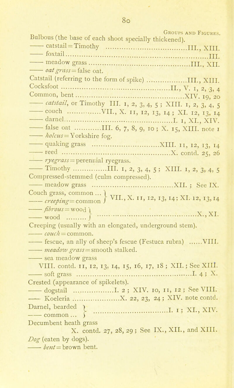 Groui's and Figures. Bulbous (the base of each shoot specially thickened). catstail = Timothy jjj XIII fo.xtail jjj meadow grass IU_ xil oai ^-ass = false oat. Catstail (referring to the form of spike) III., XIII. Common, bent XIV. 19, 20 catstail, or Timothy III. i, 2, 3, 4, 5 ; XIII. i, 2, 3, 4, 5 couch VII., X. II, 12, 13, 14; XI. 12, 13, 14 darnel I. xL, XIV. false oat III. 6, 7, 8, 9, 10 ; X. 15, XIII. note i = Yorkshire fog. quaking grass XIII. ii, 12, 13, 14 reed X. contd. 25, 26 rjegrass = pereninal ryegrass. Timothy III. i, 2, 3, 4, 5 ; XIII. i, 2, 3, 4, 5 Compressed-stemmed (culm compressed). meadow grass XII. ; See IX. Couch grass, common ... ) common J > '3, Mi XI. 12, 13,14 jilrous = wood \ wood J X.,XI. Creeping (usually with an elongated, underground stem). couc/i = common. fescue, an ally of sheep’s fescue (Festuca rubra) VIII. mcac/oTO ^rass = smooth stalked. sea meadow grass VIII. contd. II, 12, 13, 14, 15, 16, 17, 18; XII.; See XIII. soft grass I. 4 > X. Crested (appearance of spikelets). dogstail I. 2 ; XIV. 10, ii, 12 ; See VIII. Koeleria X. 22, 23, 24; XIV. note contd. Darnel, bearded T i • XT XTV common... ) ’ ’ Decumbent heath grass X. contd. 27, 28, 29 ; See IX., XIL, and XIII. (eaten by dogs). l>eut = brown bent.