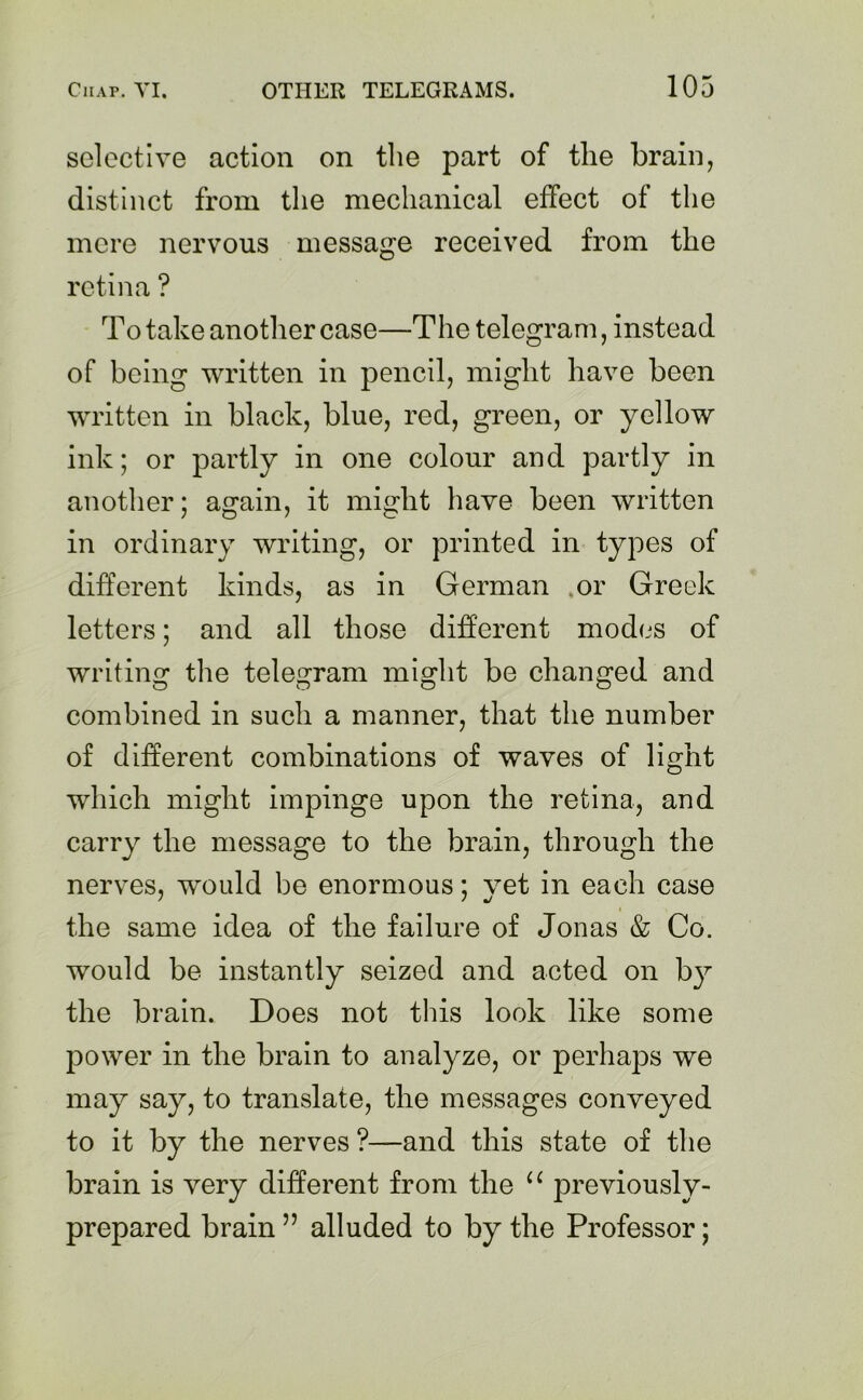 selective action on the part of the brain, distinct from the mechanical effect of the mere nervous message received from the retina ? To take another case—T he telegram, instead of being written in pencil, might have been written in black, blue, red, green, or yellow ink; or partly in one colour and partly in another; again, it might have been written in ordinary writing, or printed in types of different kinds, as in German .or Greek letters; and all those different modes of writing the telegram might be changed and combined in such a manner, that the number of different combinations of waves of light which might impinge upon the retina, and carry the message to the brain, through the nerves, would be enormous; yet in each case the same idea of the failure of Jonas & Co. would be instantly seized and acted on by the brain. Does not this look like some power in the brain to analyze, or perhaps we may say, to translate, the messages conveyed to it by the nerves?—and this state of the brain is very different from the u previously- prepared brain ” alluded to by the Professor;