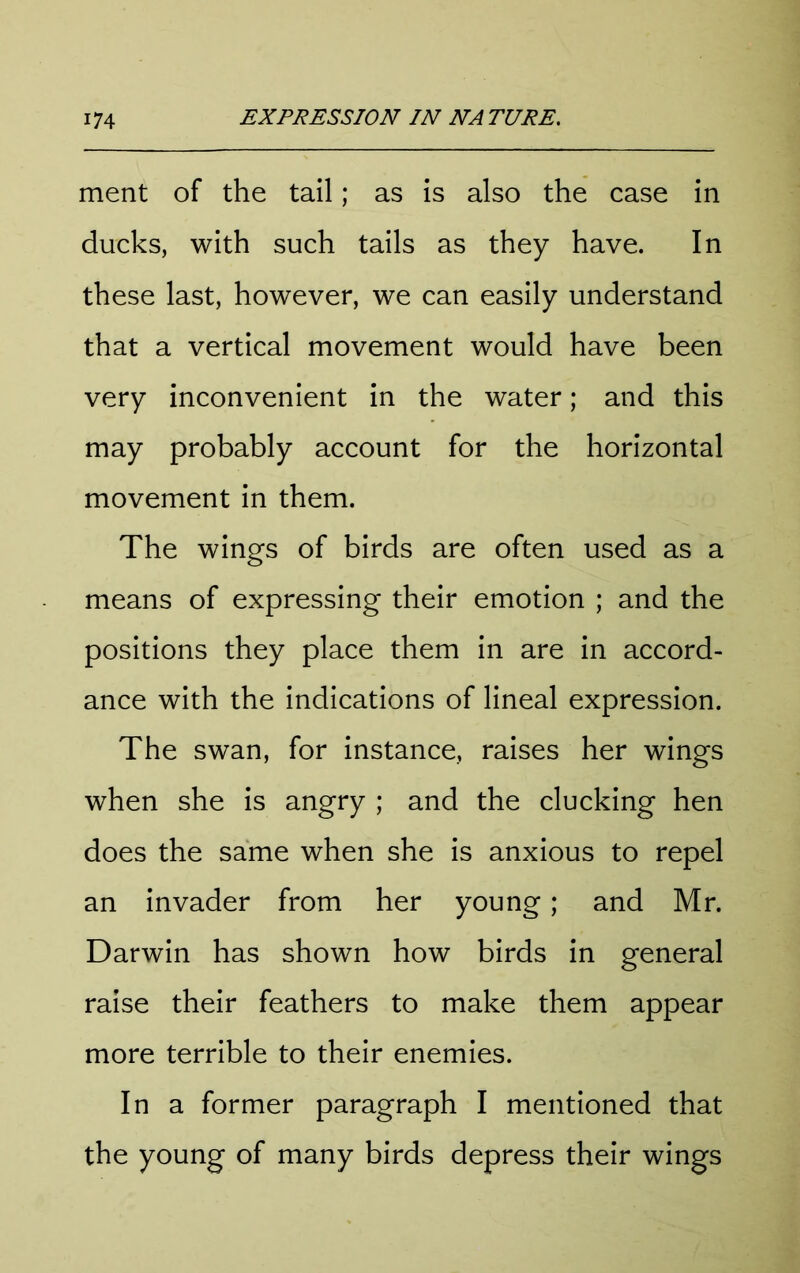 ment of the tail; as is also the case in ducks, with such tails as they have. In these last, however, we can easily understand that a vertical movement would have been very inconvenient in the water; and this may probably account for the horizontal movement in them. The wings of birds are often used as a means of expressing their emotion ; and the positions they place them in are in accord- ance with the indications of lineal expression. The swan, for instance, raises her wings when she is angry ; and the clucking hen does the same when she is anxious to repel an invader from her young; and Mr. Darwin has shown how birds in general raise their feathers to make them appear more terrible to their enemies. In a former paragraph I mentioned that the young of many birds depress their wings