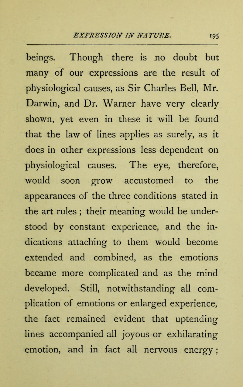 beings. Though there is no doubt but many of our expressions are the result of physiological causes, as Sir Charles Bell, Mr. Darwin, and Dr. Warner have very clearly shown, yet even in these it will be found that the law of lines applies as surely, as it does in other expressions less dependent on physiological causes. The eye, therefore, would soon grow accustomed to the appearances of the three conditions stated in the art rules ; their meaning would be under- stood by constant experience, and the in- dications attaching to them would become extended and combined, as the emotions became more complicated and as the mind developed. Still, notwithstanding all com- plication of emotions or enlarged experience, the fact remained evident that uptending lines accompanied all joyous or exhilarating emotion, and in fact all nervous energy;