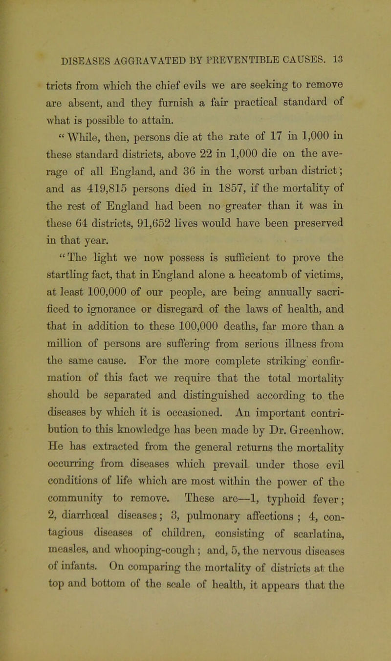 tricts from which the chief evils we are seeking to remove are absent, and they furnish a fan- practical standard of what is possible to attain. “ While, then, persons die at the rate of 17 in 1,000 in these standard districts, above 22 in 1,000 die on the ave- rage of all England, and 36 in the worst urban district ; and as 419,815 persons died in 1857, if the mortality of the rest of England had been no greater than it was in these 64 districts, 91,652 lives would have been preserved in that year. “The light we now possess is sufficient to prove the startling fact, that in England alone a hecatomb of victims, at least 100,000 of our people, are being annually sacri- ficed to ignorance or disregard of the laws of health, and that in addition to these 100,000 deaths, far more than a million of persons are suffering from serious illness from the same cause. For the more complete striking confir- mation of this fact we require that the total mortality should be separated and distinguished according to the diseases by which it is occasioned. An important contri- bution to this knowledge has been made by Dr. Greenhow. He has extracted from the general returns the mortality occurring from diseases which prevail under those evil conditions of life which are most within the power of the community to remove. These are—1, typhoid fever; 2, diarrhceal diseases; 3, pulmonary affections ; 4, con- tagious diseases of children, consisting of scarlatina, measles, and whooping-cough ; and, 5, the nervous diseases of infants. On comparing the mortality of districts at the top and bottom of the scale of health, it appears that the