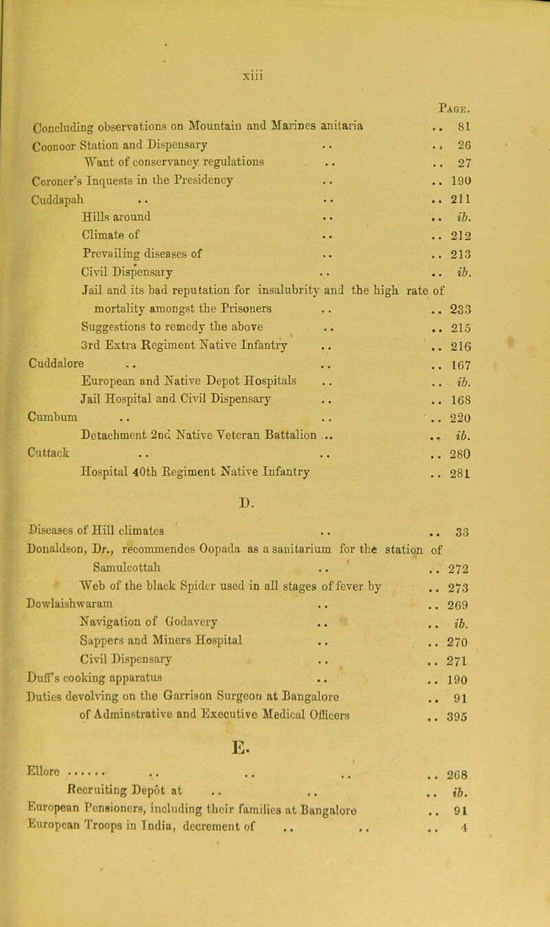XUl Page. Concluding observations on Mountain and Marines anitaria • • 81 Coonoor Station and Dispensary • » 26 Want of conservancy regulations . • 27 Coroner’s Inquests in the Presidency • • 190 Cuddapah • • 211 HiUs around • • ib. Climate of » • 212 Prevailing diseases of • • 213 Civil Dispensary • • ib. Jail and its bad reputation for insalubrity and the high rate of mortality amongst the Prisoners • • 233 Suggestions to remedy the above • • 215 3rd Extra Regiment Native Infantry • • 216 Cuddalore • • 167 European and Native Depot Hospitals « • ib. Jail Hospital and Civil Dispensary • • 168 Cumbum • • 220 Detachment 2nd Native Veteran Battalion ... t n ib. Cuttack • • 280 Hospital 40th Regiment Native Infantry • « 281 D. Diseases of Hill climates Donaldson, Dr., recommendes Oopada as a sanitarium for the station, of Samulcottah .. ' Web of the black Spider used in all stages of fever by Dowlaishwaram Na'vdgation of Godavery Sappers and Miners Hospital Civil Dispensary Duffs cooking apparatus Duties devolving on the Garrison Surgeon at Bangalore of Adminstrative and Executive Medical Officers 33 272 273 269 ib. 270 271 190 91 395 E. Ellorc Recruiting Depot at .. European Pensioners, including their families at Bangalore European Troops in India, decrement of .. 268 .. ib. .. 91 4