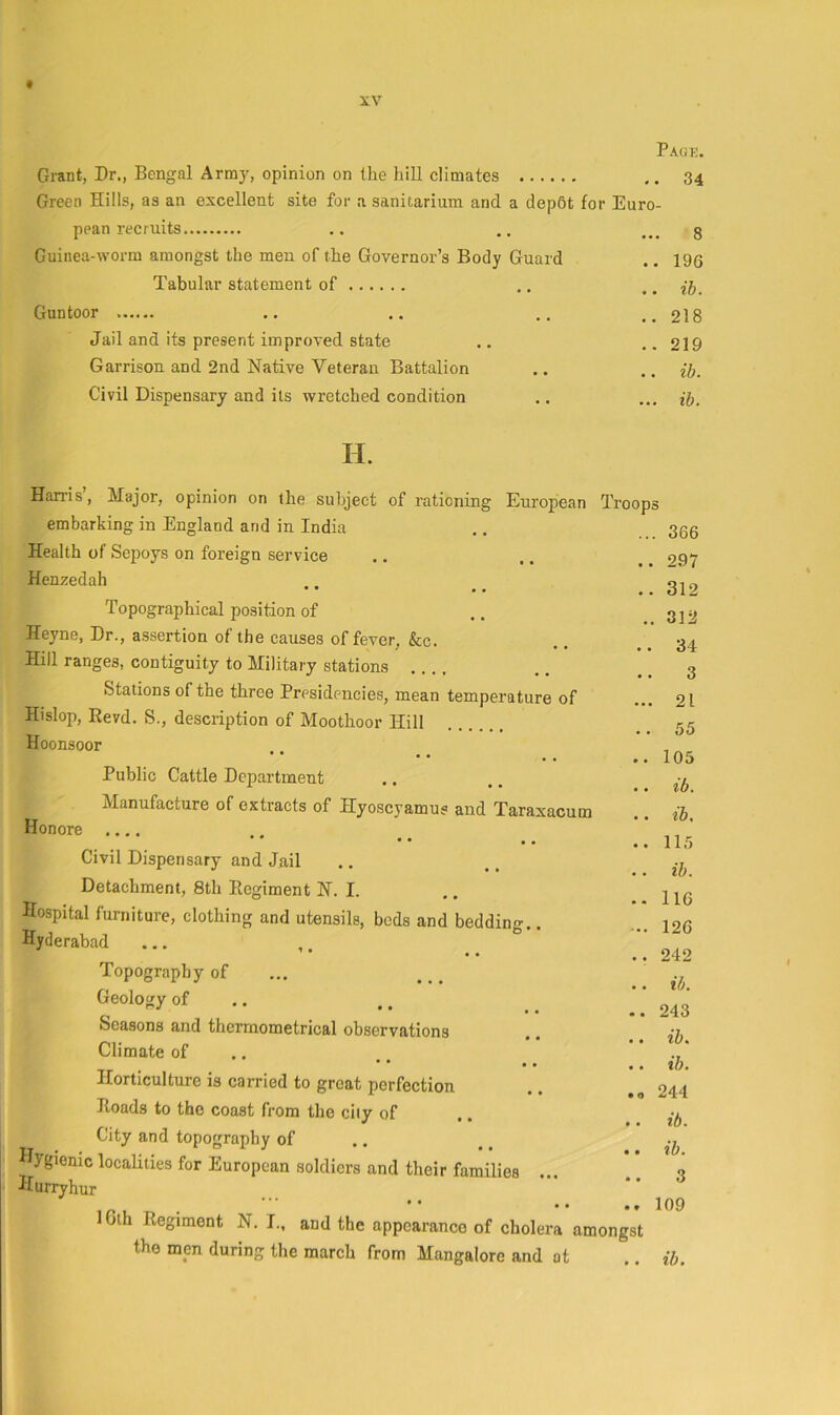 Pact:. Grant, Dr., Bengal Army, opinion on the hill climates .. 34 Green Hills, as an excellent site for a sanitarium and a dep6t for Euro- pean recruits .. ... 8 Guinea-worm amongst the men of the Governor’s Body Guard .. 196 Tabular statement of ,, .. ib. Guntoor .. .. ..218 Jail and its present improved state .. .. 219 Garrison and 2nd Native Veteran Battalion .. .. ib. Civil Dispensary and its wretched condition .. ... ib. H. Harris, Major, opinion on the subject of rationing European embarking in England and in India Health of Sepoys on foreign service Henzedah • • • • Topographical position of Heyne, Dr., assertion of the causes of fever, &c. Hill ranges, contiguity to Military stations Stations of the three Presidencies, mean temperature of Hislop, Revd. S., description of Moothoor Hill Hoonsoor Troops ... 366 .. 297 .. 312 .. 312 .. 34 3 ... 21 .. 55 .. 105 Public Cattle Department Manufacture of extracts of Hyoscyamus and Taraxacum Honore Civil Dispensary and Jail Detachment, 8th Regiment N. I. Hospital furniture, clothing and utensils, bods and bedding.. Hyderabad ... ,, * * * * Topography of ... Geology of .. Seasons and thcrmometrical observations Climate of .. Horticulture is carried to great perfection Roads to the coast from the ciiy of City and topography of Hygienic localities for European soldiers and their families ... Hurryhur • * IGlh Regiment N. I., and the appearance of cholera amongst the men during the march from Mangalore and at ib. ib, 115 ib. 116 126 242 ib. 243 ib. ib. 244 ib. ib. 3 109