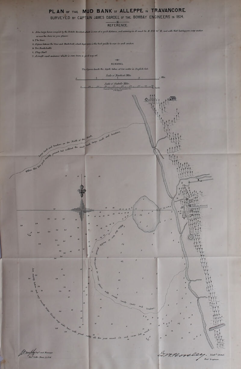 PLAN OF THt MUD BANK of ALLEPPL in TIAVANCORE. SURVELy'lD by captain JAMES DARDEL of the: BOMBAY ENGINEERS in 1804. REFERENCE. A. Jt'fu law *•*** h At 7!Hti.fh SmJuxI if .um ,it a iVjt.inc*, Mul rumuni) ,'n U inuj.t t,c B iVj aiiuarOu sh^t as pUast'. S~Th* tint.*. C.Afjtau hArtaf&u’ br4.* >vui AwAFA.t//, tthich-Jupi^tm^ isiiif i^st Li run- i/i^ ofid- aitrJo’r. D JVf BanJuhixllf. ^ t. Flaa StvY- r. ^4srttall, san3 tmi/unu ithxcJu is Sim- t'rcm a Aitci- «’a>*«v?r REMARKS. Thbiiffiursdmiti ttu dtjtlh taken at ten’water \n Enalish-tfeC-. Scale ot'JVaiUtcal'MiU'. j ^ li i Scale .’f'SfaAe/c'3/ile-. 70 ‘ B and n idi Uutb huxrin^ yaur may ajuher all S,t, yeai' rtiuieL jpSuf^ niul Mana^ir On^LiUx Trut.lt.PW , JiUUt- - (Hotul Oder' Engineer.