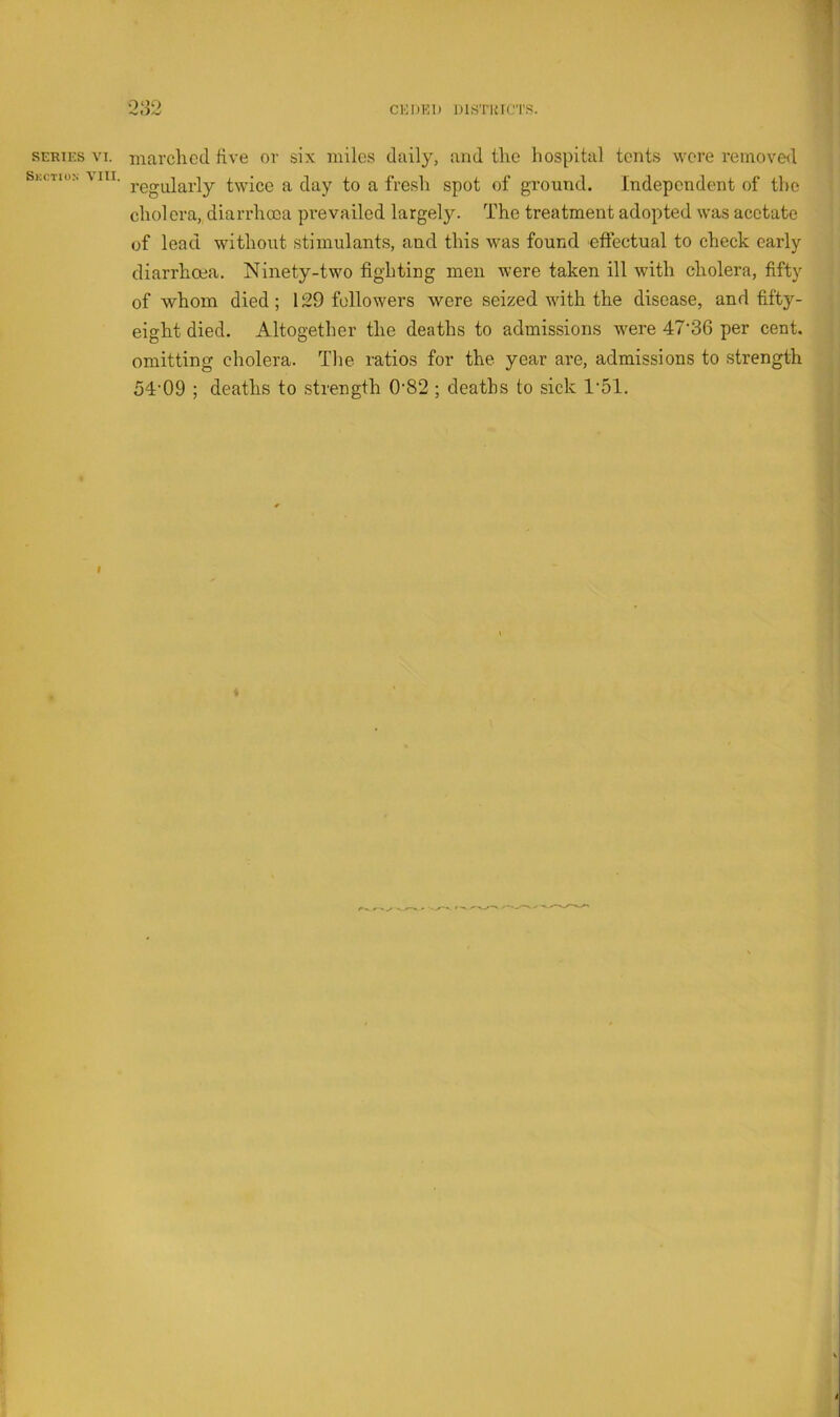 ‘232 CKDK.l) IJISTKICTS. SERIES VI. Skction VIII. marched five or six miles daily, and the hospital tents were reinove<l regularly twice a day to a fresh spot of ground. Independent of the cholora, diarrhoea prevailed largely. The treatment adopted was acetate of lead without stimulant.s, and this was found effectual to check early diarrhoea. Ninety-two fighting men were taken ill with cholera, fifty of whom died ; 129 followers were seized with the disease, and fifty- eight died. Altogether the deaths to admissions were 47‘36 per cent, omitting cholera. Tlie ratios for the year are, admissions to strength 54'09 ; deaths to strength 0‘82 ; deaths to sick 1‘51.