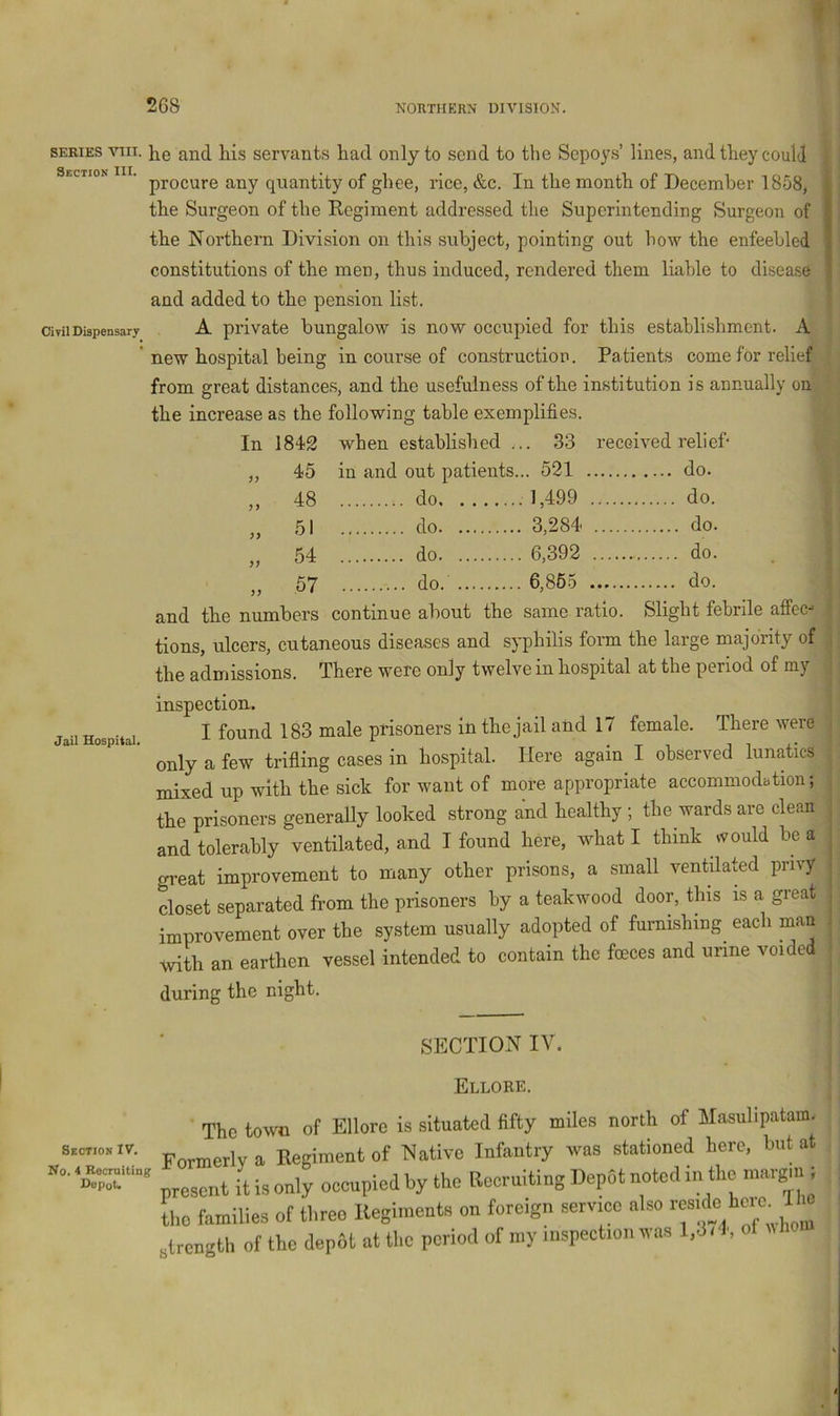 w SERIES VIII. he and his servants had only to send to the Sepoys’ lines, and they could | Section . quantity of ghee, rice, &c. In the month of December 1858, the Surgeon of the Regiment addressed the Superintending Surgeon of the Northern Division on this subject, pointing out bow the enfeebled constitutions of the men, thus induced, rendered them liable to disea.se and added to the pension list. * ciyiiDispensarj A private bungalow is now occupied for this establishment. A ’ new hospital being in course of construction. Patients come for relief from great distances, and the usefulness of the institution is annually on the increase as the following table exemplifies. In 00 iO when established .. . 33 received relief- 45 in and out patients.. . 521 48 do 1,499 do. 51 do 3,284 do. jj 54 do 6,392 .67 do. 6,865 do. ' ' « V and the numbers continue about the same ratio. Slight febrile afieC' tions, ulcers, cutaneous diseases and syphilis form the large majority of j the admissions. There were only twelve in hospital at the period of my | inspection. ; T • , I found 183 male prisoners in the jail and 17 female. There were . only a few trifling cases in hospital. Here again I observed lunatics ^ mixed up with the sick for want of more appropriate accommodation; ^ the prisoners generally looked strong and healthy ; the wards are clean | and tolerably ventilated, and I found here, what I think would be a ^ great improvement to many other prisons, a small ventilated privy j closet separated from the prisoners by a teakwood door, this is a great ^ improvement over the system usually adopted of furnishing each man with an earthen vessel intended to contain the fceces and urine voided during the night. SECTION IV. Section IV. No. 4 Recmiting Doput. Elloke. The town of Elloro is situated fifty miles north of llasulipatam. Formerly a Eegiment of Native Infantry was stationed hero, but at present it is only occupied by the Boeruiting Depot noted m the nnargm ; tho families of three Kegiraeuts on foreign service also strength of the depfit at the period of my tnspection was l.dri, ol