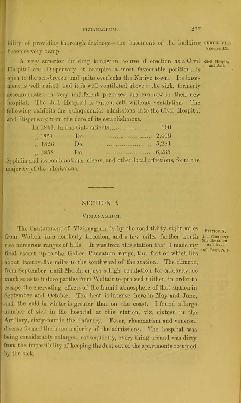 bility of providing tliorough drainage—tlie basement of the building series viii. 1 1 Skctio.n IX. becomes very damp. A verv superior building is now in course of erection as a Civil Civil Hospital , * . . ... and Jail. dlospital and Dispensary, it occupies a most favourable position, is open to the sea-breeze and quite overlooks the Native toAvn. Its base- ) ment is well raised and it is 'timll ventilated above ; the sick, formerly t accommodated in very indifferent premises, are ere now in their new . ho.spital. The Jail Hospital is quite a cell without A’entilation. The . following exhibits the quinquennial admissions into the Civil Hospital and Dispensary from the date of its establishment. 18-iG, In and Out-patients 300 1851 Do. 2,406 185G Do. 5,281 1858 Do. G,235 Syphilis and its combinations, ulcers, and other local affections, form the I majority of the admissions. SECTION X. ViZIANAGRUM. The Cantonment of Yizianagrum is by the road thirty-eight miles section x ( from Waltair in a northerly direction, and a few miles further north 2nd company _ _ _ 5th Biittalion t rise numerous ranges of hills. It was from this station that I made my Aruiiery. i final ascent up to the Gallee Purvatum range, the foot of which lies about twenty-five miles to the southward of the station. The climate, from September until March, enjoys a high reputation for salubrity, so much so as to induce parties from Waltair to proceed thither, in order to escape the enervating effects of the humid atmosphere of that station in September and October. The heat is intense here in May and June, and the cold in winter is greater than on the coast. I found a largo number of sick in the hospital at this station, viz. sixteen in the Artillery, sixty-four in the Infantry. Fever, rheumatism and venereal disease formed the largo majority of the admissions. The hospital was being considerably enlarged, consequcnily, every thing around was dirty from the impossibility of keeping the dust out of the apartments occupied by the sick.