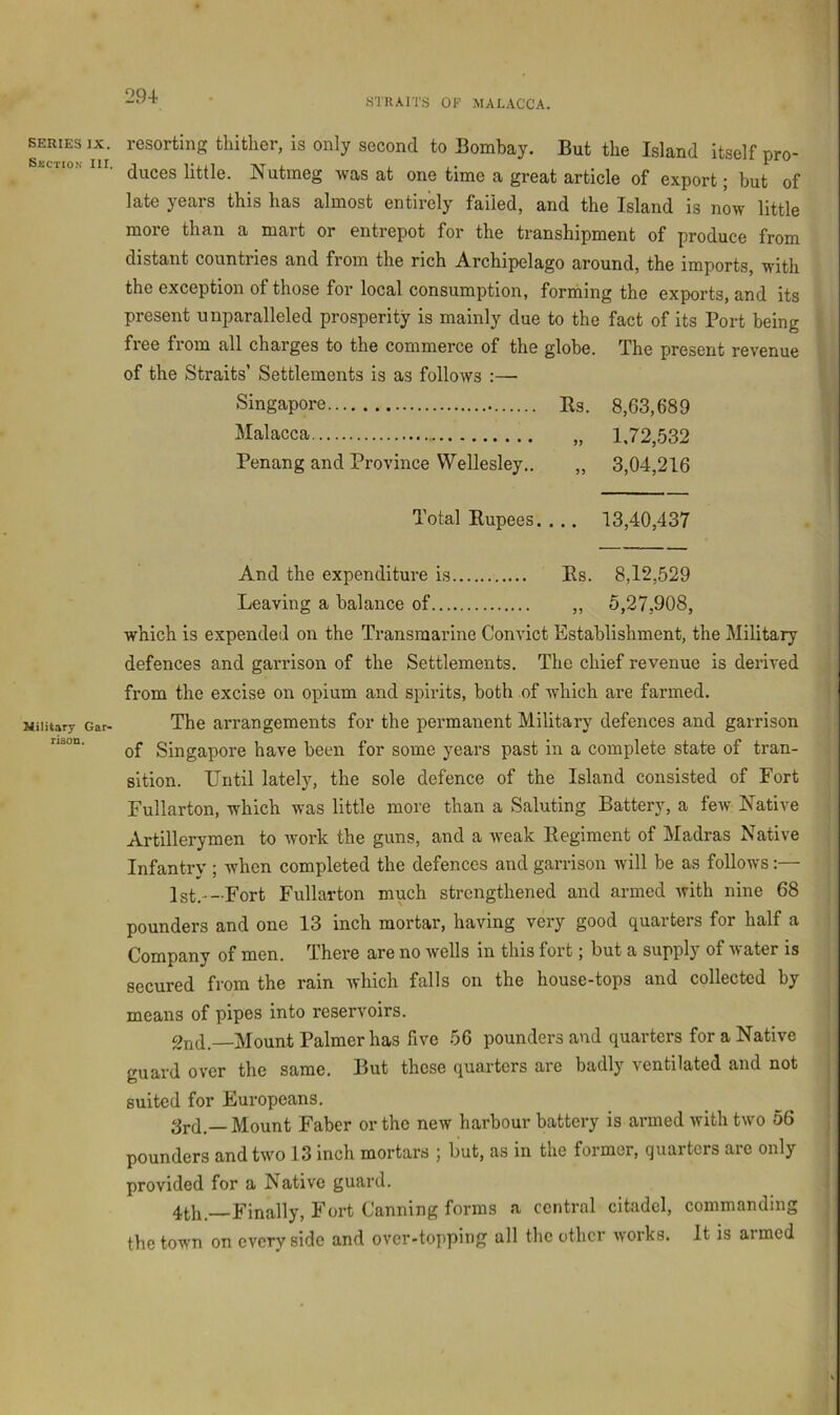 STRAITS OF MALACCA. SERIES IX. SjiCTIOK III, Military Gar- rison. resorting thither, is only second to Bombay. But the Island itself pro- duces little. Nutmeg was at one time a great article of export; but of late years this has almost entirely failed, and the Island is now little more than a mart or entrepot for the transhipment of produce from distant countries and from the rich Archipelago around, the imports, with the exception of those for local consumption, forming the exports, and its present unparalleled prosperity is mainly due to the fact of its Port being free from all charges to the commerce of the globe. The present revenue of the Straits’ Settlements is as follows :—• Singapore Bs. 8,63,689 Malacca „ 1.72,532 Penang and Province Wellesley.. „ 3,04,216 Total Rupees. ,.. 13,40,437 And the expenditure is Es. 8,12,529 Leaving a balance of „ 5,27,908, which is expended on the Transmarine Convict Establishment, the Military defences and garrison of the Settlements. The chief revenue is derived from the excise on opium and spirits, both of which are farmed. The arrangements for the permanent Military defences and garrison of Singapore have been for some years past in a complete state of tran- sition. TJntil lately, the sole defence of the Island consisted of Fort Fullarton, which was little more than a Saluting Battery, a few Native Artillerymen to work the guns, and a weak Regiment of Madras Native Infantry ; when completed the defences and garrison will be as follows;— 1st.--Fort Fullarton much strengthened and armed with nine 68 pounders and one 13 inch mortar, having very good quarters for half a Company of men. There are no wells in this fort; but a supply of water is secured from the rain which falls on the house-tops and collected by ' means of pipes into reservoirs. i 2nd. Mount Palmer has five 56 pounders and quarters for a Native i guard over the same. But these quarters are badly ventilated and not suited for Europeans. —Mount Faber ortho new harbour battery is armed with two 56 pounders and two 13 inch mortars ; but, as in the former, quarters are only , provided for a Native guard. i 4th. Finally, Fort Canning forms a central citadel, commanding ; the town on every side and over-topping all the other works. It is armed