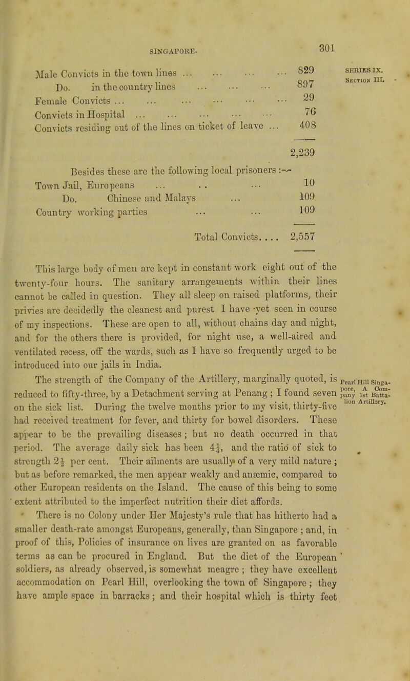 Male Convicts in the toAvn lines ])o. in the coiintr)- lines Female Convicts ... ... Convicts in Hospital Convicts residing out of the lines on ticket of leave ... 829 897 29 7G 408 2,239 Besides these arc the following local prisoners Town Jail, Europeans ... .. ... Id Do. Chinese and Malays ... 109 Country working parties ... ... 109 Total Convicts.... 2,557 This large body of men are kept in constant work eight out of the twenty-four hours. The sanitary arrangexnents within their lines cannot be called in question. They all sleep on raised platforms, their privies are decidedly the cleanest and purest I have -yet seen in course of my inspections. These are open to all, without chains day and night, and for the others there is provided, for night use, a well-aired and ventilated recess, off the wards, such as I have so frequently urged to he introduced into our jails in India. The strength of the Company of the Artillery, marginally quoted, is reduced to fifty-three, by a Detachment serving at Penang ; I found seven on the sick list. During the twelve months prior to my visit, thirty-five had received treatment for fever, and thirty for bowel disorders. These appear to be the prevailing diseases ; but no death occurred in that period. The average daily sick has been 4^, and the ratio of sick to strength 2^ per cent. Their ailments are usually* of a very mild nature ; but as before remarked, the men appear weakly and anmmic, compared to other European residents on the Island. The cause of this being to some extent attributed to the imperfect nutrition their diet affords. ' There is no Colony under Her Majesty’s rule that has hitherto had a smaller death-rate amongst Europeans, generally, than Singapore ; and, in proof of this, Policies of insurance on lives are granted on as favorable terms as can be procured in England. But the diet of the European soldiers, as already observed, is somewhat meagre ; they have excellent accommodation on Pearl Hill, overlooking the town of Singapore ; they have ample space in barracks; and their hospital which is thirty feet SERIES IX. Skctiox III. Pearl Hill Singa* pore, A Com- pany 1st Batta- lion Artillery.