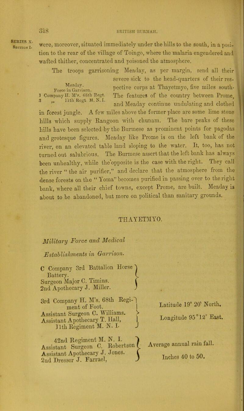 ■were, moreover, situated immediately under the hills to the south, in a posi- tion to the rear of the village of Toingo, -where the malaria engendered and wafted thither, concentrated and poisoned the atmosphere. The troops garrisoning Meaday, as per margin, send all their in forest jungle. A few mi hills which supply Rangoon with chunam. The hare peaks of these hills have been selected by the Burmese as prominent points for pagodas and grotesque figures. Meaday like Prome is on the left bank of the river, on an elevated table land sloping to the water. It, too, has not turned out salubrious. The Burmese assert that the left bank has always been unhealthy, while the'opposite is the case with the right. They call the river “ the air purifier,” and declare that the atmosphere from the dense forests on the “ Yoma” becomes purified in passing over to the right bank, where all their chief towns, except Prome, are built. Meaday is about to be abandoned, but more on political than sanitary grounds. ] Company IT. M’p. USth Eegt. .S „ 11th Regt. M. N.I. Force in Gan iaon. Meaday. 11th Regt. M.N.I. THAYETMYO. Military Force and Medical Establishments in Garrison. C Company 3rd Battalion Horse Battery. Surgeon Major C. Timins. 2nd Apothecary J. Miller. 3rd Company H. M’s. 68th Regi-'j Latitude 19° 20' North, Longitude 95° 12’ East. ment of Foot. Assistant Surgeon C. Williams. )> Assistant Apothecary T. Hall, I ] 1th Regiment M. N- L J Average annual rain fall. Inches 40 to 50.