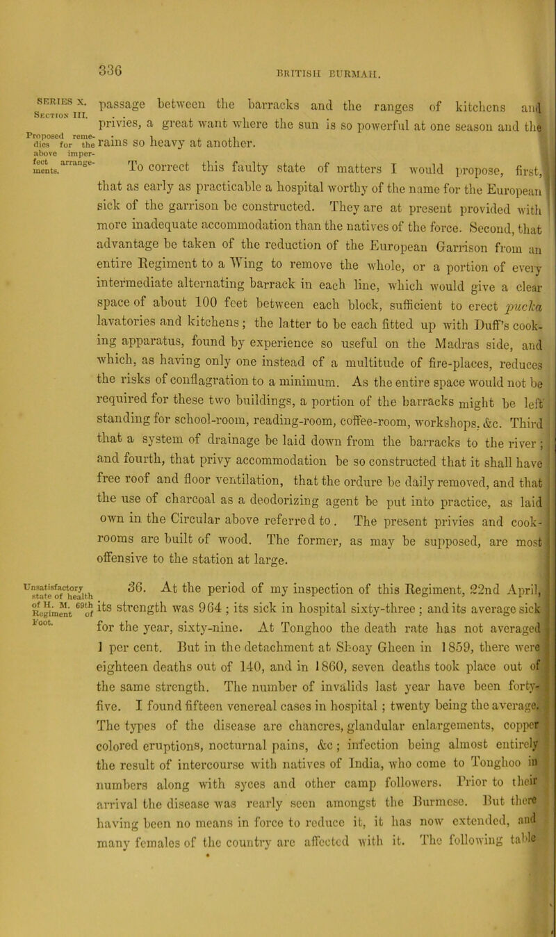 33G UUITISU nURMAIt. above feet arrange- ments. SERIES X. passage between the barracks and the ranges of kitchens aii.l SkCTION III. . . i I 1 1 . « privies, a great want Avhere the sun is so powerful at one season and tli^ Proposed reme- • i , , i ' dies for the I’ains SO licavy at another. imper- To correct this faulty state of matters I would propose, first, that as early as practicable a hospital worthy of the name for the European sick of the garrison be constructed. They are at present provided Avith more inadequate accommodation than the natives of the force. Second, that advantage be taken of the reduction of the European Garrison from an entire Regiment to a Wing to remove the Avhole, or a portion of every intermediate alternating barrack in each line, which would give a clear space of about 100 feet betiveen each block, sufficient to erect lavatories and kitchens; the latter to be each fitted up with Duff’s cook- ing apparatus, found by experience so useful on the Madras side, and Avhich, as having only one instead of a multitude of fire-places, reduces the risks of conflagration to a minimum. As the entire space would not be required for these two buildings, a portion of the barracks might be left' standing for school-room, reading-room, coffee-room, workshops, &c. Third that a system of drainage be laid down from the barracks to the river; and fourth, that privy accommodation be so constructed that it shall have free roof and floor ventilation, that the ordure be daily removed, and that the use of charcoal as a deodorizing agent be put into practice, as laid own in the Circular above referred to . The present privies and cook- rooms are built of ivood. The former, as may be supposed, are most offensive to the station at large. Unsatisfactory state of health I'oot. 36. At the period of my inspection of this Regiment, 22nd April,' Re^inent *^of Strength was 9 64 ; its sick in hospital sixty-three ; and its average sick for the year, sixty-nine. At Tonghoo the death rate has not averaged 1 per cent. But in the detachment at Shoay Gheen in 1859, thei’e ivere eighteen deaths out of 140, and in 1860, seven deaths took place out of the same strength. The number of invalids last year have been forty- five. I found fifteen venereal cases in hospital ; twenty being the average, The tyqies of the disease are chancres, glandular enlargements, copper colored eruptions, nocturnal pains, &c; infection being almost entirely the result of intercourse with natives of India, Avho come to Tonghoo in numbers along Avith syces and other camp folloAvers. Trior to their arrival the disease Avas rcarly seen amongst the Burmese. But thero_ having been no means in force to reduce it, it has noAv extended, nnii many females of the country arc affected Avith it. The folloAviuii table