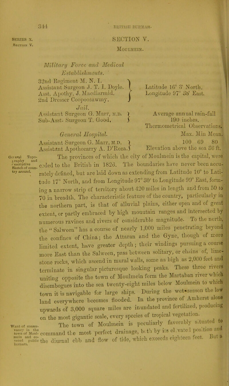 SERIES X. Section V. SECTION V. Moulmein. military Force, and Medical Fjslahlishmcnts. 3‘2ncl Regiment M. N. I. Assistant Surgeon J. T. I. Royle. Asst. Apothy. J. iMacduirinid. Dresser Coopoosawm}'. Jail. A'^sistant Surgeon Gr. IMarr, m.d. Sub-Asst. Surgeon T. Good, General Hospital. Assistant Surgeon G. Marr, M.D. Assistimt Apothecarry A. D’Roza.) Latitude 1G° 3' Nortli. Longitude 07° 38' East. Average annual rain-fall 190 inches. Tlicrmoinetrical Observalior.s, Max. Min Mean. 100 60 80 Elevation above the sea 36 ft. The pro\dnces of wliicli ibe city of Moulmein is the capital, -were . ^ ... , . boundaries have never beenaceu- Gcreral Topo- graphy and ceded to tire British in 1826. try around. dcfiued, but urc laid doAvn as extending from Latitude 10° to Lati tude 17° North, and from Longitude 97° 30' to Longitude 99° East, form- ing a narrow strip of territory about 420 miles in length and from 50 to 70 in breadth. The characteristic feature of the country, particularly in the northern part, is that of alluvial plains, either open and of great extent, or partly embraced by high mountain ranges and intersected by numerous ravines and rivers of considerable magnitude. To the north, the “ Salween” has a course of nearly 1,000 miles penetrating beyond the confines of China; the Attaran and the Gyne, though of more limited extent, have greater depth ; their windings pursuing a course more East than the Salween, pass between solitary, or chains of, lime- stone rocks, which ascend in mural walls, some as high as 2,000 feet and terminate in singular picturesque looking peaks. These three rivms uniting opposite the town of Moulmein form the Martaban river winch disembogues into the sea twenty-eight miles below Moulmein to which town it is navigable for large ships. During the wet-soason the low land everywhere becomes flooded. In the province of Amherst alone upwards of 3,000 square miles are inundated and fertilized, producing on the most gigantic scale, every species of tropical vegetation, want of condor. Thctowu of Moulinein is peculiarly favorably shunted to LTo^/V^i! command the most perfect drainage, b-t’:i by its ehvatc 1 pos.tion and Tet. the diurnal ebb and flow of tide, which exceeds eighteen feet. But a ruaars.
