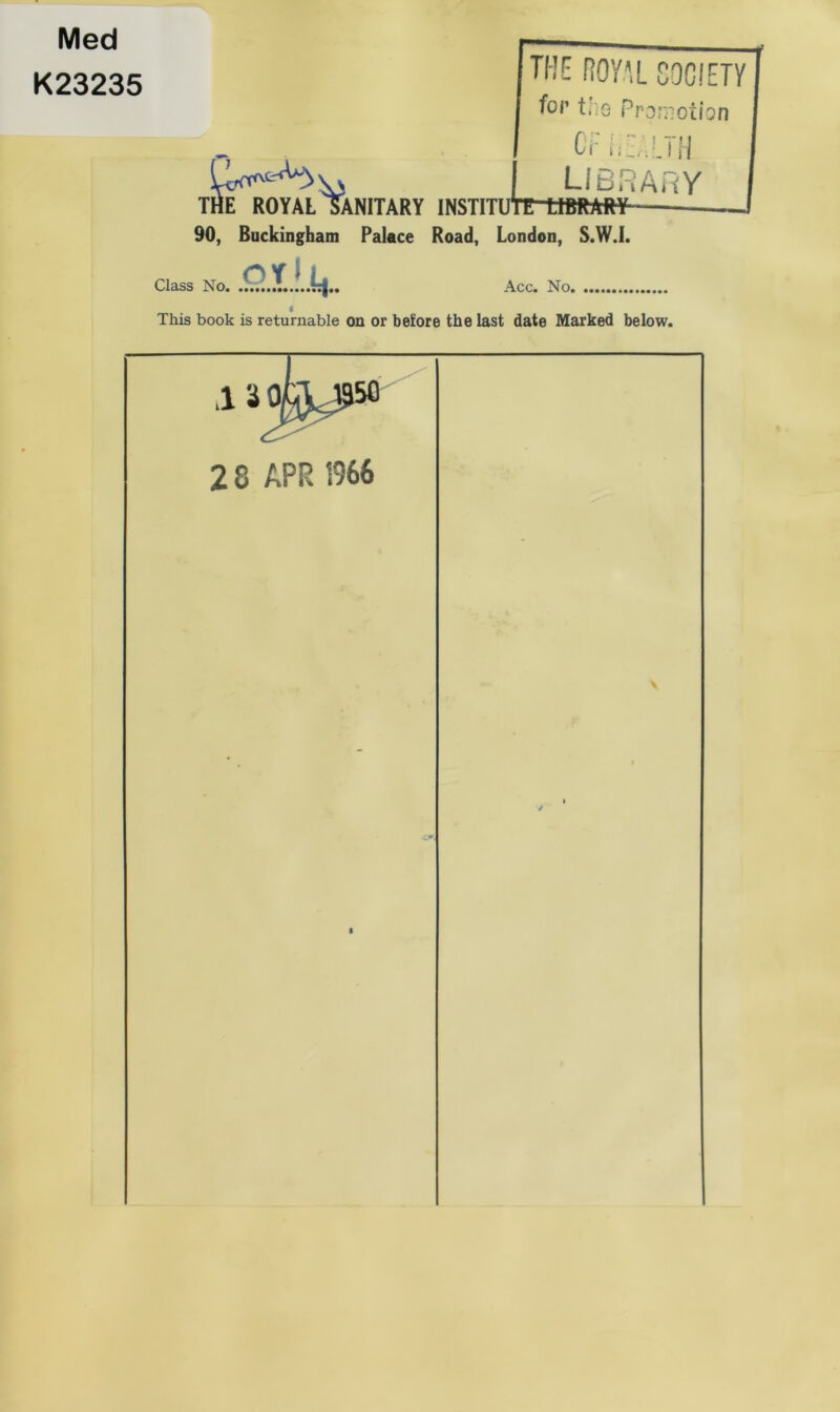 Med K23235 Class No. Acc. No. t This book is returnable on or before the last date Marked below.