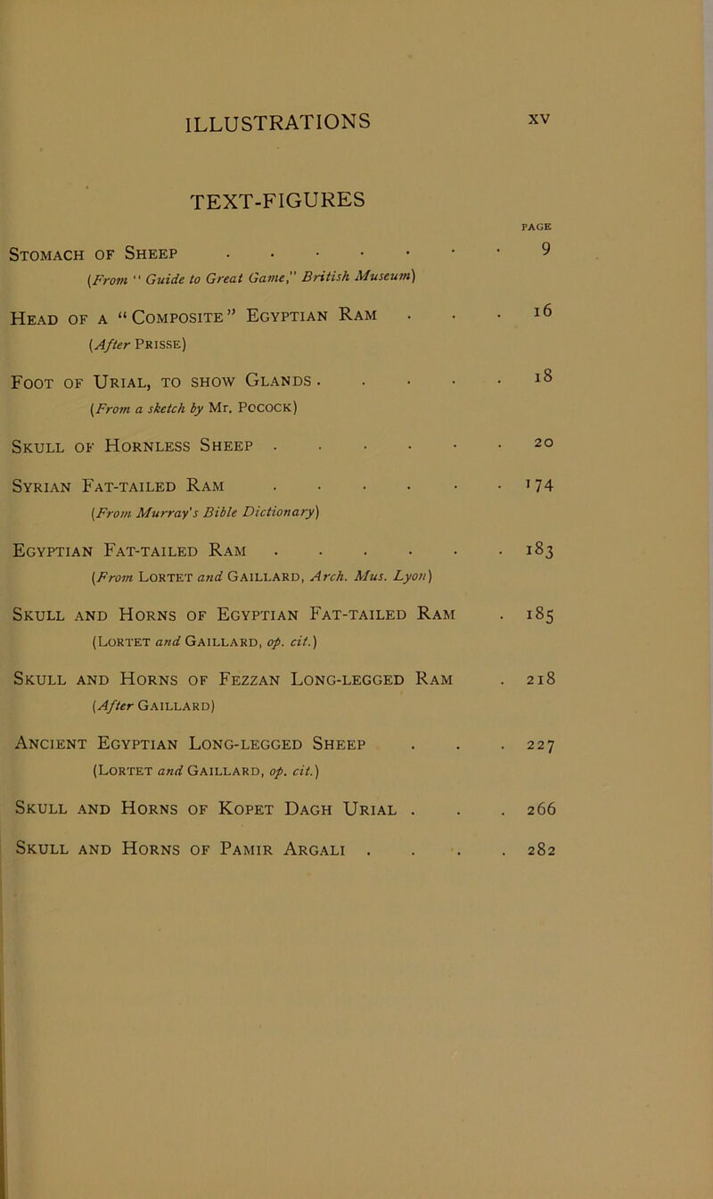 TEXT-FIGURES PAGE Stomach of Sheep 9 (From “ Guide to Great Game British Museum) Head of a “Composite” Egyptian Ram . • .16 (After Prisse) Foot of Urial, to show Glands (From a sketch by Mr. Pocock) Skull of Hornless Sheep 20 Syrian Fat-tailed Ram . • • • • J74 (From Murray's Bible Dictionary) Egyptian Fat-tailed Ram 183 (From Lortet and Gaillard, Arch. Mus. Lyon) Skull and Horns of Egyptian Fat-tailed Ram . 185 (Lortet and Gaillard, of. cit.) Skull and Horns of Fezzan Long-legged Ram . 218 (After Gaillard) Ancient Egyptian Long-legged Sheep . . .227 (Lortet and Gaillard, of. cit.) Skull and Horns of Kopet Dagh Urial . . .266 Skull and Horns of Pamir Argali .... 282