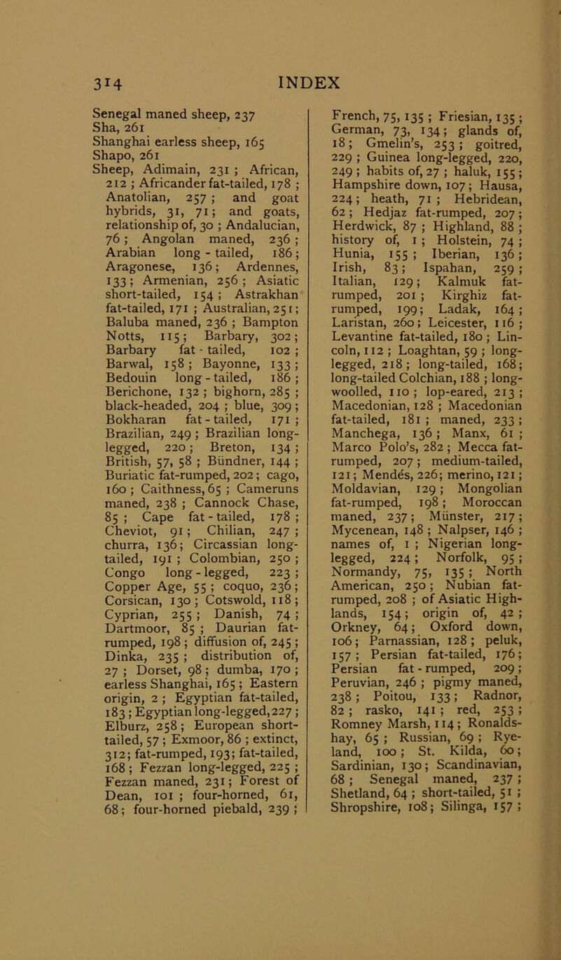 Senegal maned sheep, 237 Sha, 261 Shanghai earless sheep, 165 Shapo, 261 Sheep, Adimain, 231 ; African, 212 ; Africander fat-tailed, 178 ; Anatolian, 257 ; and goat hybrids, 31, 71; and goats, relationship of, 30 ; Andalucian, 76; Angolan maned, 236 ; Arabian long - tailed, 186; Aragonese, 136; Ardennes, 133; Armenian, 256; Asiatic short-tailed, 154; Astrakhan fat-tailed, 171 ; Australian, 25 r; Baluba maned, 236 ; Bampton Notts, 115; Barbary, 302; Barbary fat - tailed, 102 ; Barwal, 158; Bayonne, 133; Bedouin long-tailed, 186; Berichone, 132 ; bighorn, 285 ; black-headed, 204 ; blue, 309 ; Bokharan fat-tailed, 171 ; Brazilian, 249 ; Brazilian long- legged, 220; Breton, 134; British, 57, 58 ; Biindner, 144 ; Buriatic fat-rumped, 202; cago, 160; Caithness, 65 ; Cameruns maned, 238 ; Cannock Chase, 85; Cape fat-tailed, 178; Cheviot, 91; Chilian, 247 ; churra, 136; Circassian long- tailed, 191 ; Colombian, 250 ; Congo long - legged, 223 ; Copper Age, 55 ; coquo, 236; Corsican, 130; Cotswold, 118; Cyprian, 255 ; Danish, 74 ; Dartmoor, 85 ; Daurian fat- rumped, 198 ; diffusion of, 245 ; Dinka, 235 ; distribution of, 27; Dorset, 98 ; dumba, 170; earless Shanghai, 165 ; Eastern origin, 2 ; Egyptian fat-tailed, 183; Egyptian long-legged, 227; Elburz, 258; European short- tailed, 57 ; Exmoor, 86 ; extinct, 312; fat-rumped, 193; fat-tailed, 168 ; Fezzan long-legged, 225 ; Fezzan maned, 231; Forest of Dean, 101 ; four-horned, 61, 68; four-horned piebald, 239 ; French, 75, 135 ; Friesian, 135 ; German, 73, 134; glands of, 18; Gmelin’s, 253; goitred, 229 ; Guinea long-legged, 220, 249 ; habits of, 27 ; haluk, 155 ; Hampshire down, 107 ; Hausa, 224; heath, 71; Hebridean, 62 ; Hedjaz fat-rumped, 207 ; Herdwick, 87 ; Highland, 88 ; history of, 1 ; Holstein, 74 ; Hunia, 155; Iberian, 136; Irish, 83; Ispahan, 259 ; Italian, 129; Kalmuk fat- rumped, 201 ; Kirghiz fat- rumped, 199; Ladak, 164; Laristan, 260; Leicester, 116; Levantine fat-tailed, 180; Lin- coln, 112 ; Loaghtan, 59 ; long- legged, 218; long-tailed, 168; long-tailed Colchian, 188 ; long- woolled, no; lop-eared, 213; Macedonian, 128 ; Macedonian fat-tailed, 181 ; maned, 233; Manchega, 136; Manx, 61; Marco Polo’s, 282 ; Mecca fat- rumped, 207 ; medium-tailed, 121; Mendes, 226; merino, 121; Moldavian, 129; Mongolian fat-rumped, 198; Moroccan maned, 237; Munster, 217; Mycenean, 148 ; Nalpser, 146 ; names of, 1 ; Nigerian long- legged, 224 ; Norfolk, 95 ; Normandy, 75, 135 ; North American, 250; Nubian fat- rumped, 208 ; of Asiatic High- lands, 154; origin of, 42; Orkney, 64; Oxford down, 106; Parnassian, 128; peluk, 157; Persian fat-tailed, 176; Persian fat - rumped, 209 ; Peruvian, 246 ; pigmy maned, 238; Poitou, 133; Radnor, 82 ; rasko, 141 ; red, 253 ; Romney Marsh, 114; Ronalds- hay, 65 ; Russian, 69 ; Rye- land, 100; St. Kilda, 60; Sardinian, 130; Scandinavian, 68 ; Senegal maned, 237 ; Shetland, 64 ; short-tailed, 51 ; Shropshire, 108; Silinga, 157;