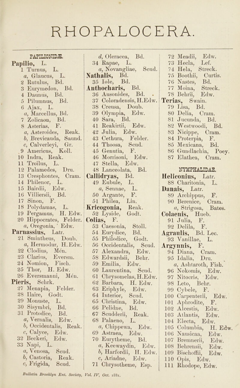 RHOPALOCERA PAPILIONID^. Papilio, L. 1 Turnus, L. a, GlaucuSj L. 2 Rutiilns, Bd. 3 Eurvmedon, Bd. 4 Daimus, Bd. 5 PilumnuSj Bd. 6 Ajax, L. Marcellus, Bd. 7 Zolicaon, Bd. 8 Asterias, F. a, Asteroides, Beak. h, Brevicaiida, Saund. c, Calverleyi, Gr. ^ 9 Americus, Roll. 10 Indra, Beak. 11 Troilus, L. 12 Palamedes, Dru. 13 Oresphoiites, Cram. 14 Pbilenor, L. 15 Bairdii, Edw. 16 Villiersii, Bd. 17 Sinon, F. 18 Polydaraas, L. 19 Pergamus, H. Edw. 20 Hippocrates, Felder, a, Oregonia, ' Edw. Paruassiiis, Latr. 21 Smiiitheus, Doiib. a, Hermodiir, H.Edw. 22 Clodius, Men. 23 Olarins, Eversm. 24 Nomion, Fisch. 25 Thor, H. Edw. 26 Evei'smanni, Men. Pieris, Schrk. 27 Menapia, Felder. 28 Ilaire, Godt. 29 Monuste, L. 30 Sisymhri, Bd. 31 Protodice, Bd. a, Vernalis, Edw. Occidentalis, Beak, c, Calyce, Edw. 32 Beckeri, Edw. 33 Napi, L. a, Venosa, Scud. 5, Castoria, Beak, c, Frigida, Scud. d, Oleracea, Bd. 34 Bapae, L. a, Novangliae, Scud. Natlialis, Bd. 35 lole, Bd. Aiitliocliaris, Bd. 36 Ausonides, Bd. 37 Ooloradensis, H.Edw. 38 Creusa, Doub. 39 Olympia, Edw. 40 Sara, Bd. 41 Beakirtii, Edw. ■ 42 Julia, Edw. 43 Cethura, Felder. 44 Tlioosa, Scud. 45 Genutia, F. 46 Morrisoni, Edw. 47 Stella, Edw. 48 Lanceolata, Bd. Callidryas, Bd. 49 Eubule, L. a, Sennae, L. 50 Argante, F. 51 Phi lea, Lin. Kricogoilia, Beak. 52 Lyside, Godt. Colias, F. 53 Oaesonia, Stoll. 54 Eurydice, Bd. 55 Philodice, Godt. 56 Occidentalis, Scud. 57 Alexandra, Edw. 58 Edwardsii, Behr. 59 Emilia, Edw. 60 Laurentina, Scud. 61 Ohrysomelas, H.Edw. 62 Barbara, H. Edw. 63 Eriphyle, Edw. 64 Interior, Scud. 65 Christina, Edw. 66 Pelidne, Bd. 67 Scudderii, Beak. 68 Palaeno, L. a, Chippewa, Edw. 69 Astraea, Edw. 70 Eurytheme, Bd. a, Keewaydin, Edw. h, Haribrdii, H. Edw. c, Ariadne, Edw. 71 Chrysotheme, Esp. 72 Meadii, Edw. 73 Hecla, Lef. 74 Hela, Streck. 75 Boothii, Curtis. 76 Nastes, Bd. 77 Moina, Streck. 78 Behrii, Edw. Terias, Swain. 79 Lisa, Bd. 80 Delia, Cram. 81 Jucunda, Bd. 82 Westwoodi, Bd. 83 Nicippe, Cram. 84 Proterpia, F. 85 Mexicana, Bd. 86 Gundlachia, Poey. 87 Elathea, Cram. NYMPHALIDAE. Heliconiiis, Latr. 88 Charitonia, L. Danais, Latr. 89 Archippus, F. 90 Berenice, Cram, rt, Strigosa, Bates, Colaenis, Hueb. 91 Julia, F. 92 Delila, F. Agraiilis, Bd. Lee. 93 Vanillae, L. Argyniiis, F. 94 Diana, Cram. 95 Idalia, Dru. a, Ashtaroth, Fish. 96 Nokomis, Edw. 97 Nitocris, Edw. 98 Leto, Behr. 99 Cybele, F. 100 Carpenteiii, Edw. 101 Aphrodite, F. 102 Alcestis, Edw. 103 Atlantis, Edw. 104 Electa, Edw. 105 Columbia, H. Edw 106 Nausicaa, Edw. 107 Bremnerii, Edw. 108 Behrensii, Edw. 109 BischotHi, Edw. 110 0[)is, Edw. 111 Bhodope, Edw. Bulletin Brooklyn Ent. Society, Vol. IV, Oct. i88i.